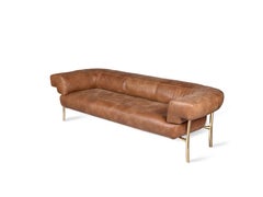 Katana 2 Seater Sofa in Choclate Forest Leather with Polished Brass Legs
