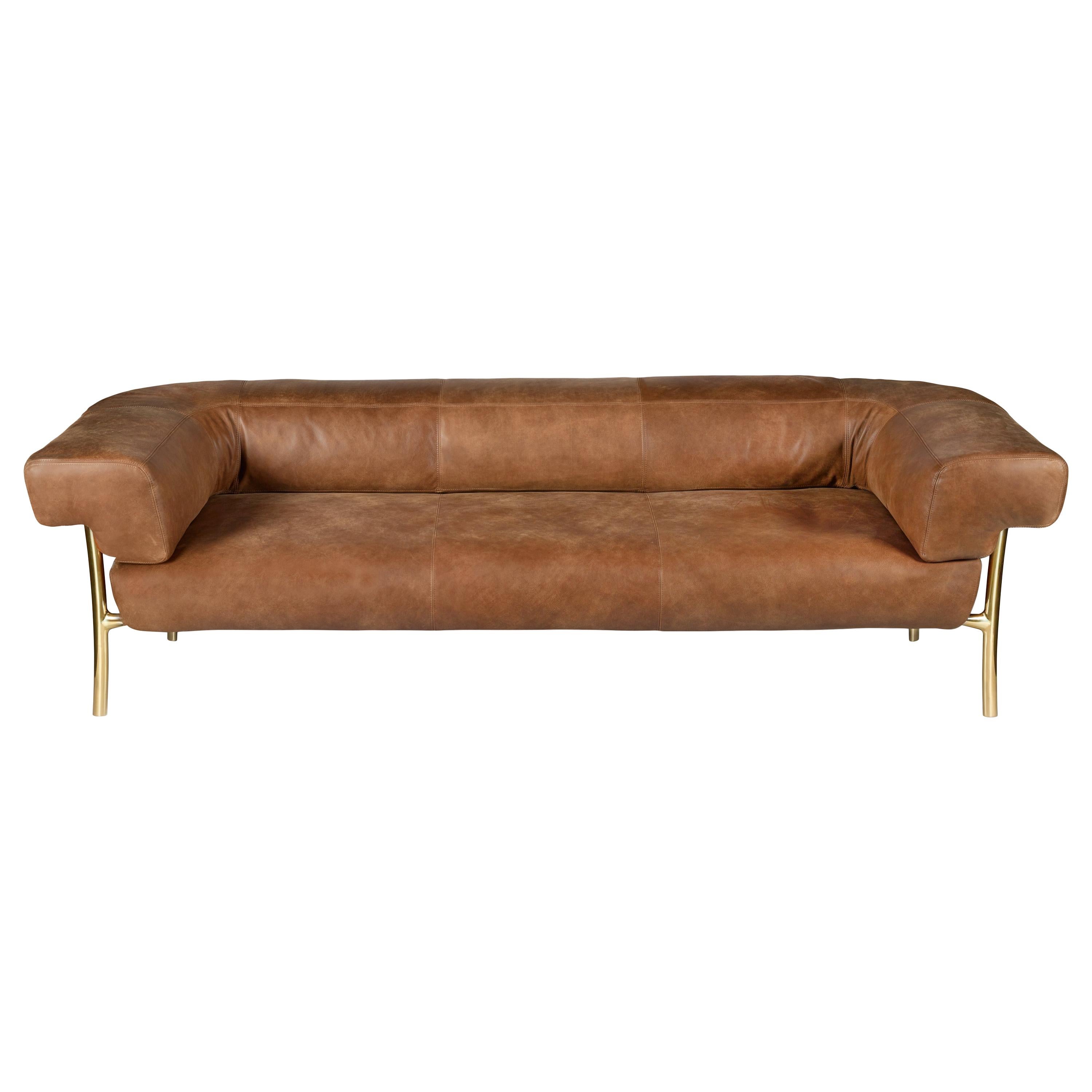 Katana 2 Seater Sofa in Choclate Forest Leather with Polished Brass Legs For Sale
