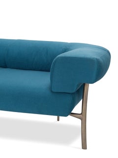 Katana 3 Seater Sofa in Blue Fabric with Brown Burnished Brass Legs