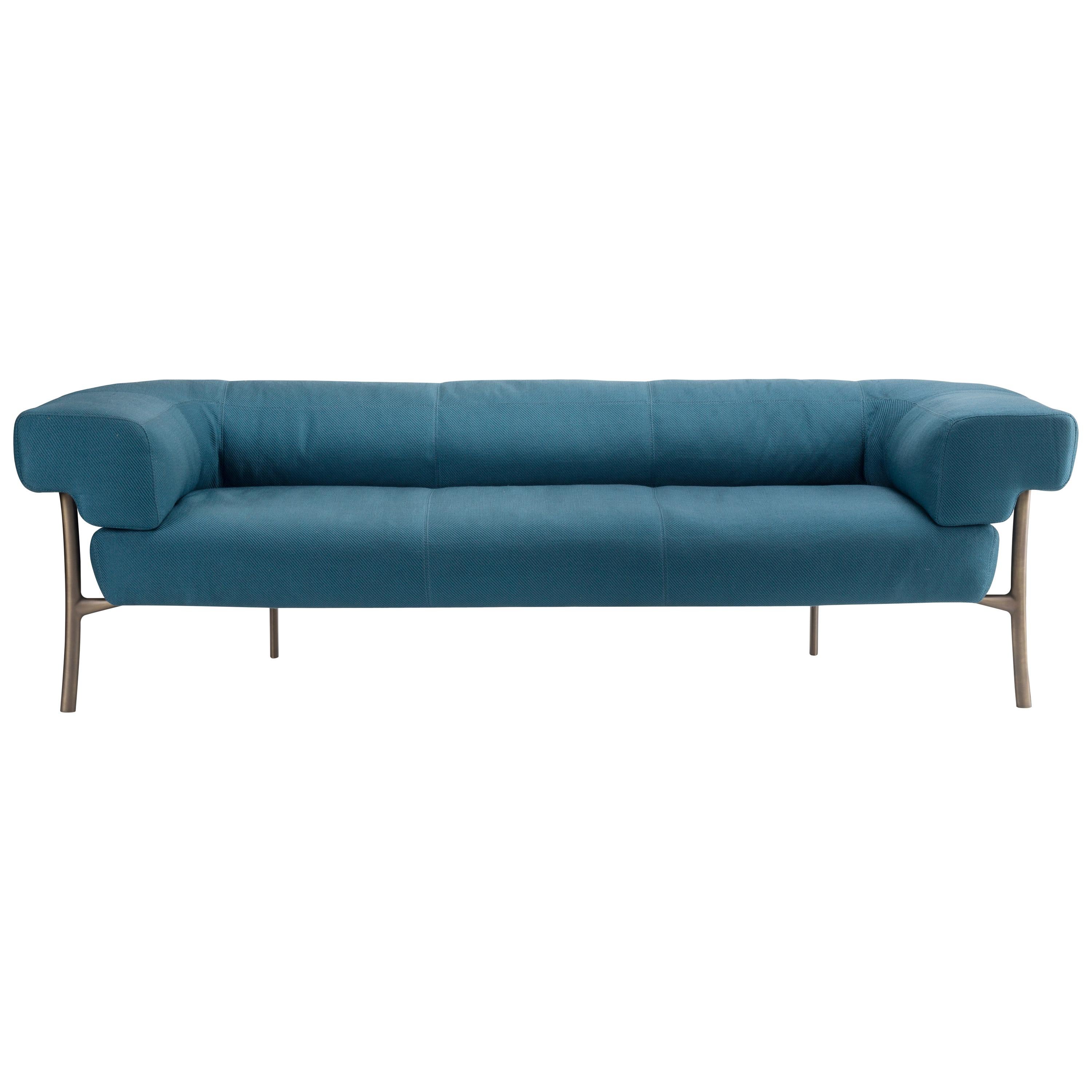 Katana 3 Seater Sofa in Blue Fabric with Brown Burnished Brass Legs For Sale