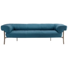 Katana 3 Seater Sofa in Blue Fabric with Brown Burnished Brass Legs