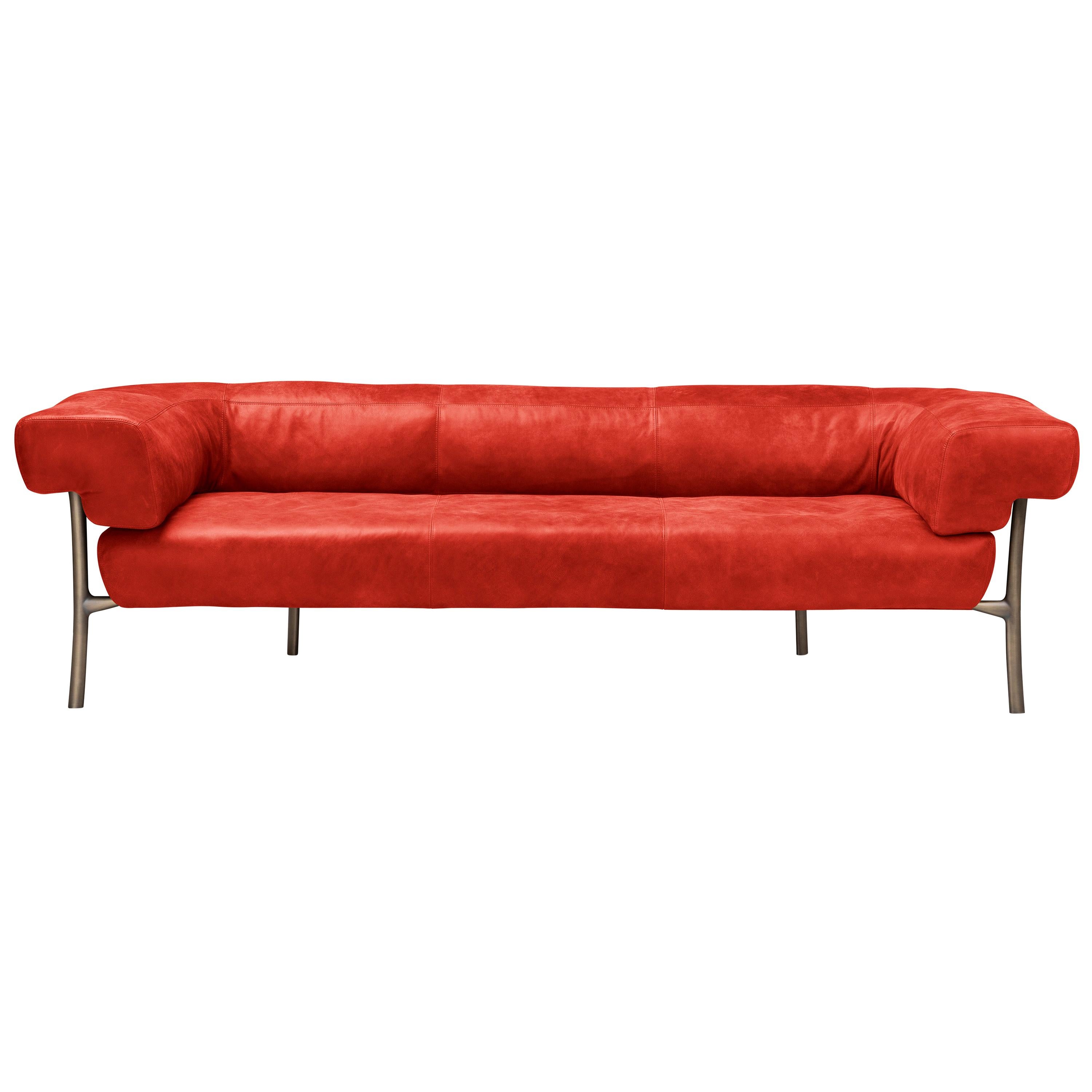 Katana 3 Seater Sofa in Red Natural Leather with Brown Burnished Brass Legs For Sale