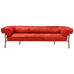 Katana 3 Seater Sofa in Red Natural Leather with Brown Burnished Brass Legs