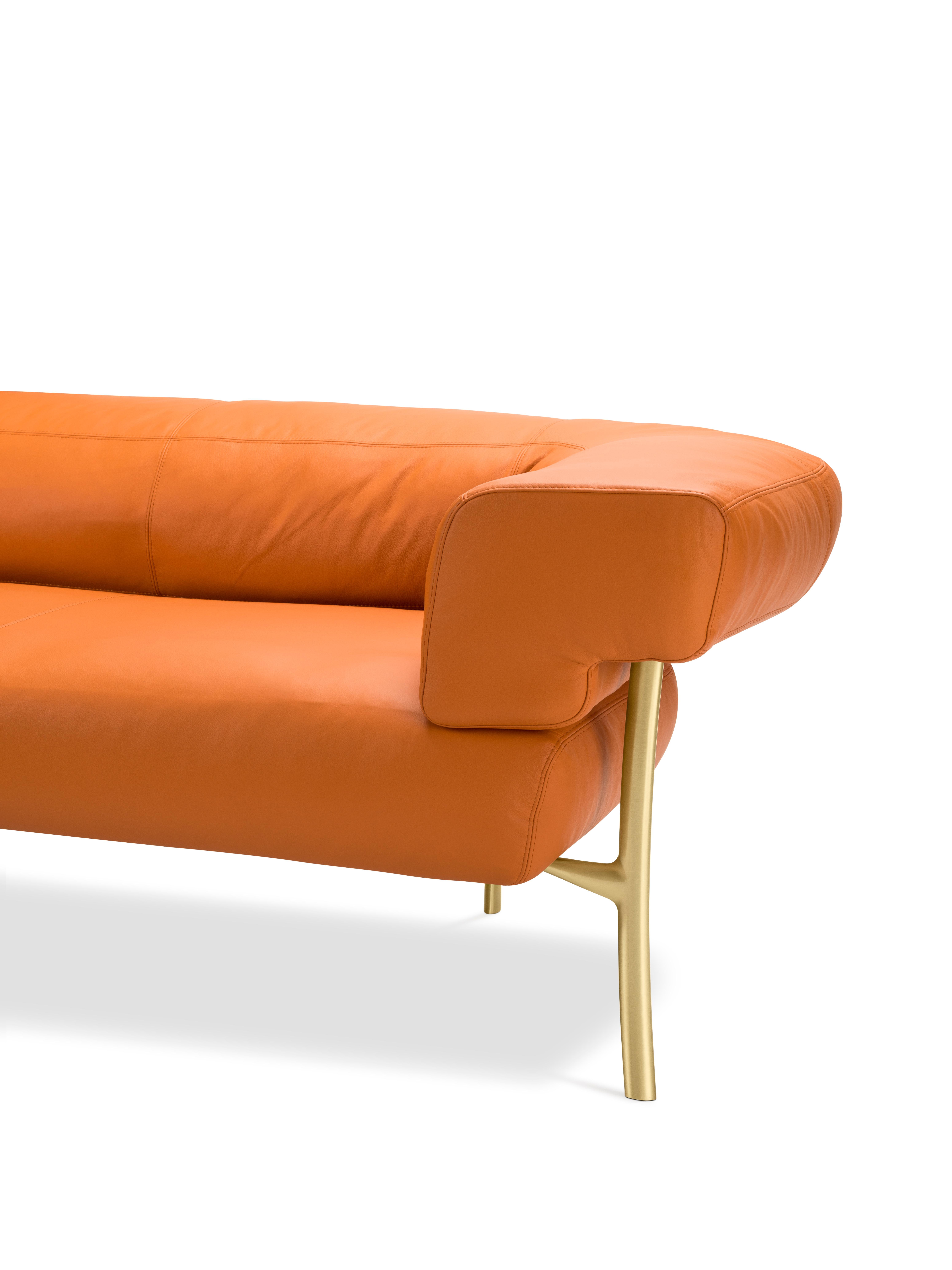 Italian Katana 4 Seater Sofa in Arancio Natural Leather with Satin Brass Legs For Sale