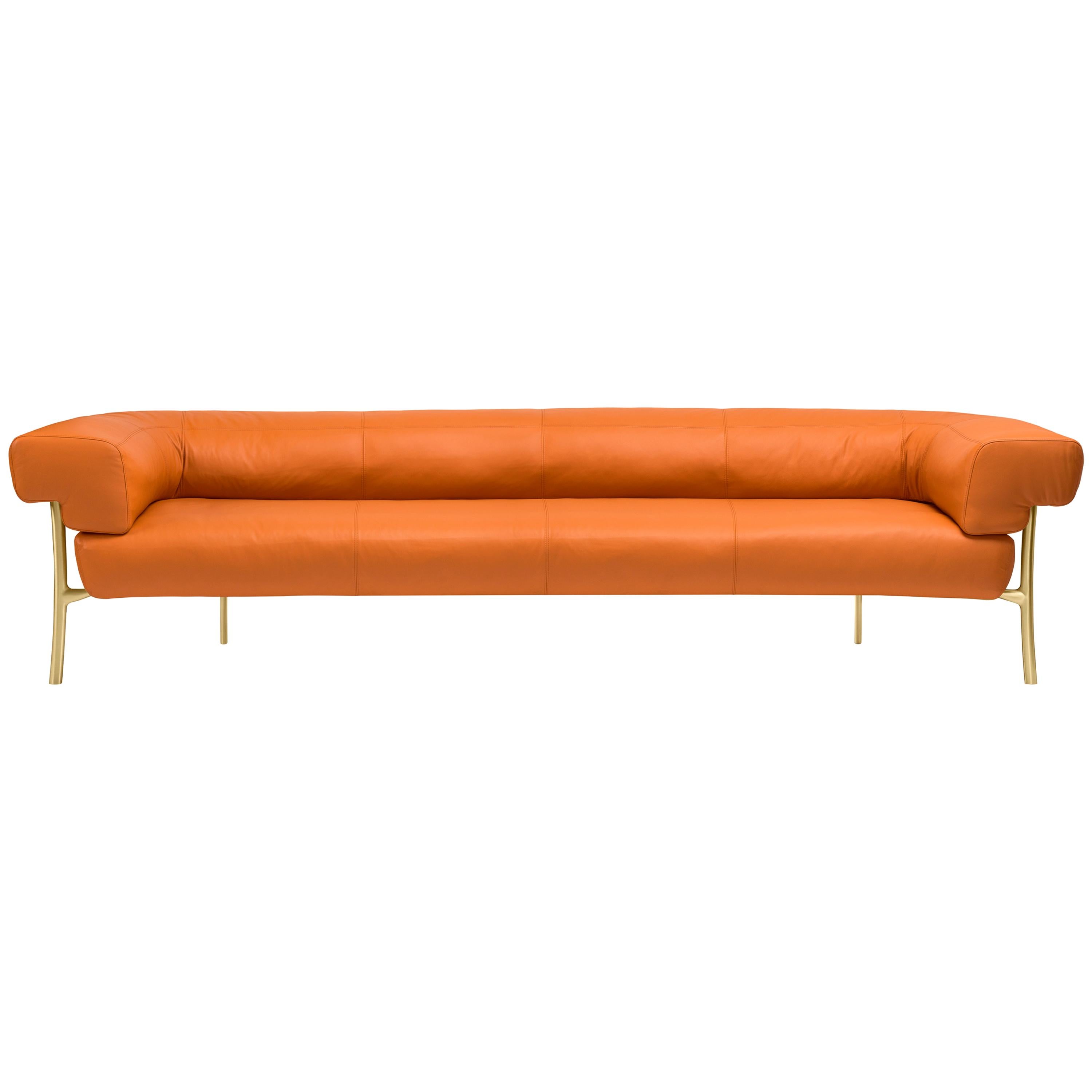 Katana 4 Seater Sofa in Arancio Natural Leather with Satin Brass Legs For Sale