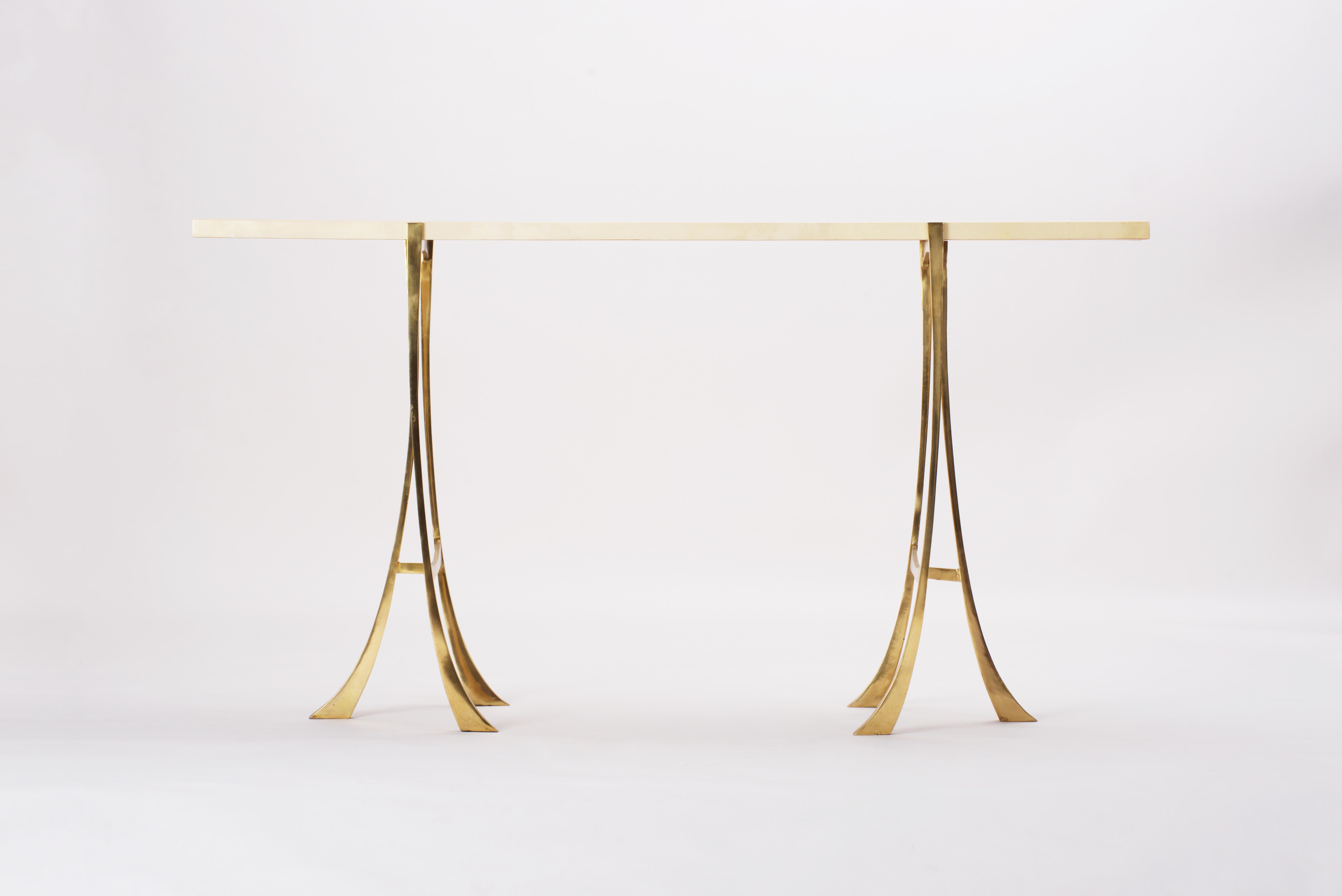 European Katana Console with Gold Bronze Base and Beige Angora Parchment Top 'Preorder' For Sale
