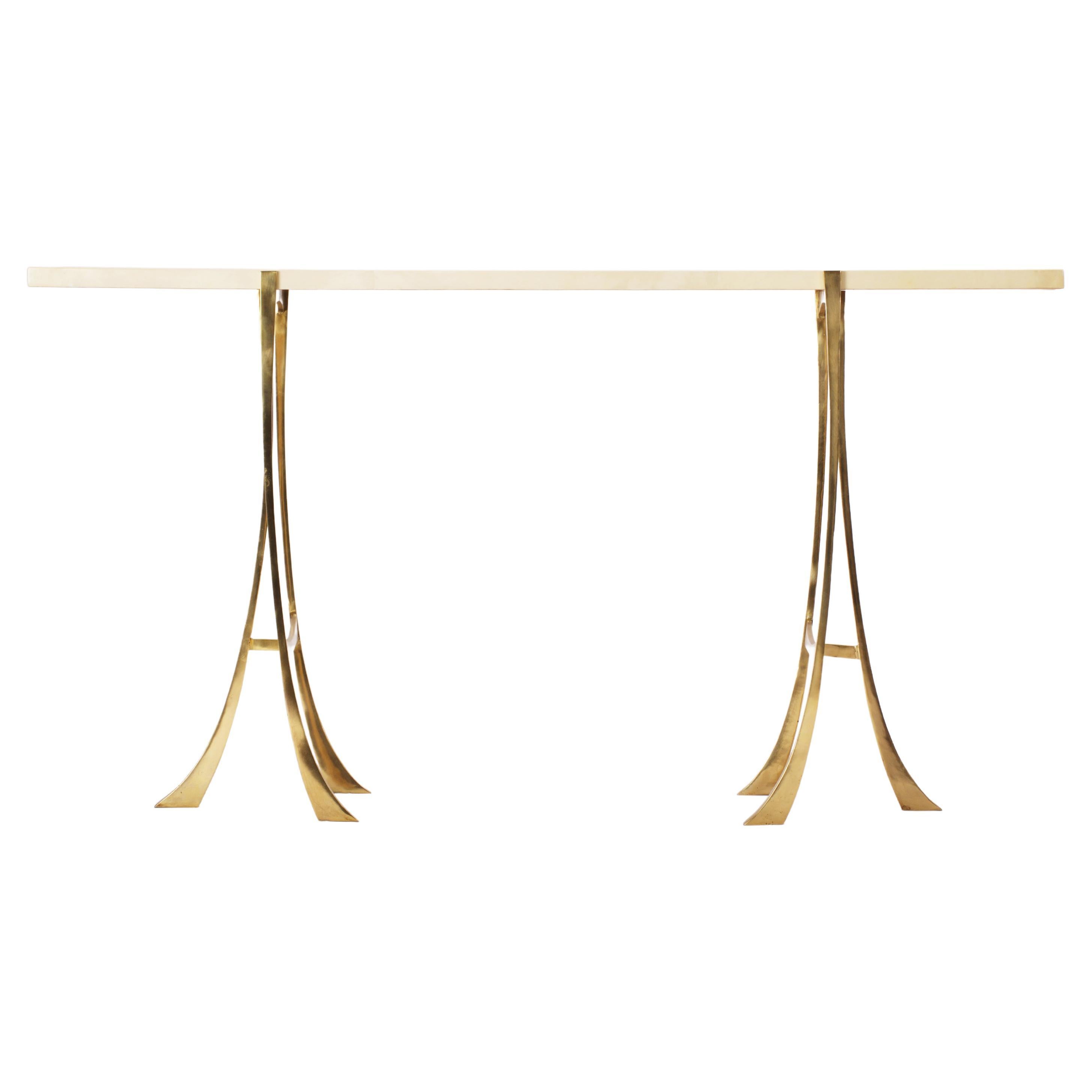 Katana Console in Bronze with Gold Base and Angora Parchment Top