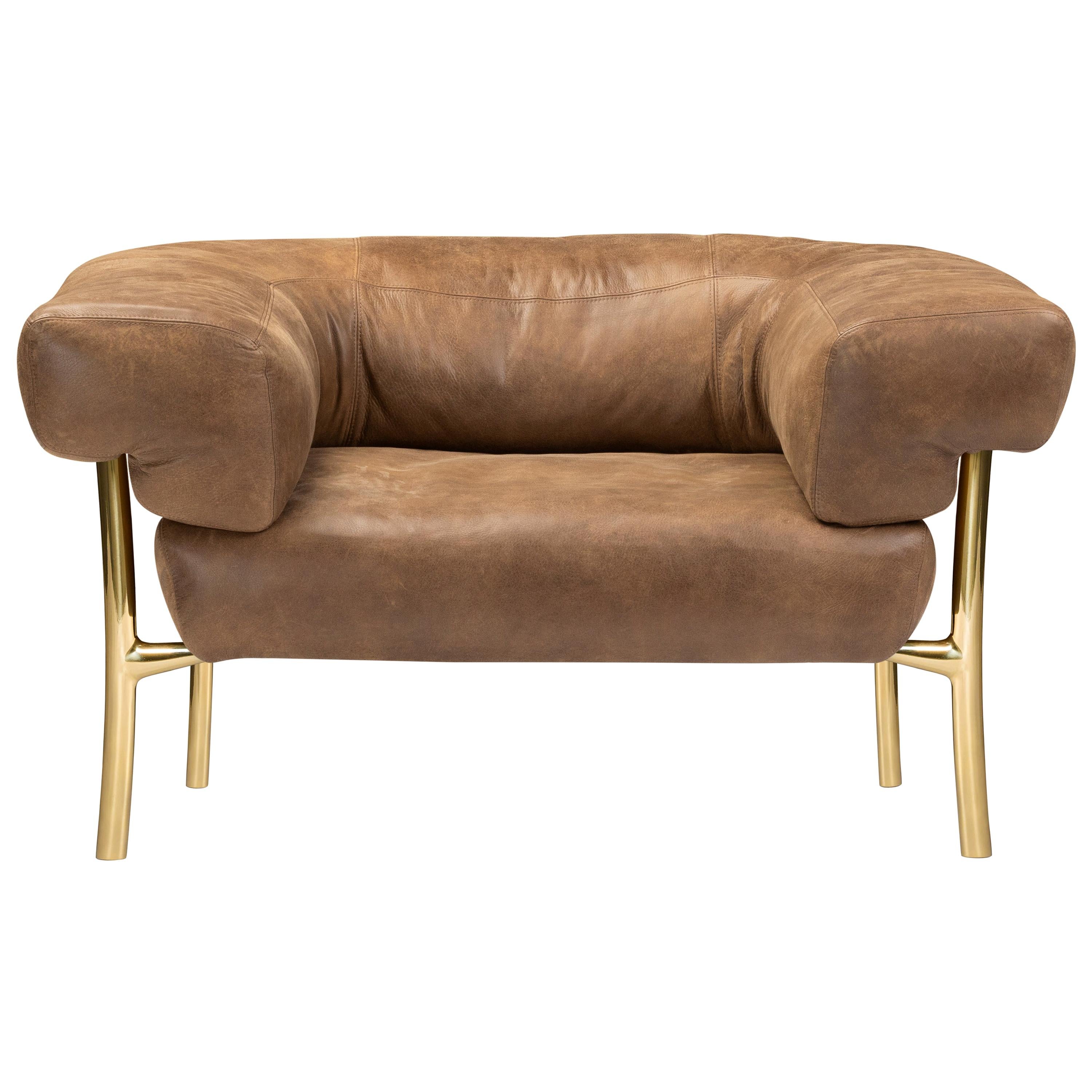 Katana Lounge Chair in Choclate Forest Leather with Polished Brass Legs