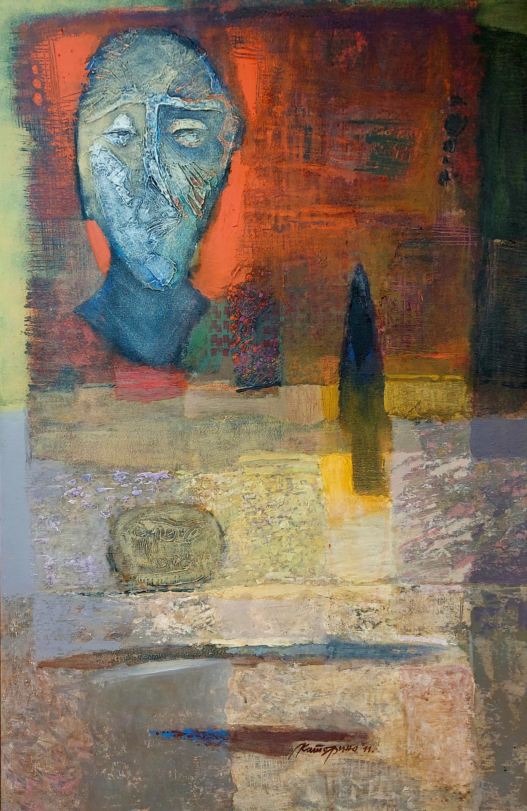 Katarina Dordevic  Abstract Painting - "The Raw Man" by Katarina Dordevic; 37.4" x 24" x .8" Acrylic on Canvas, 2011