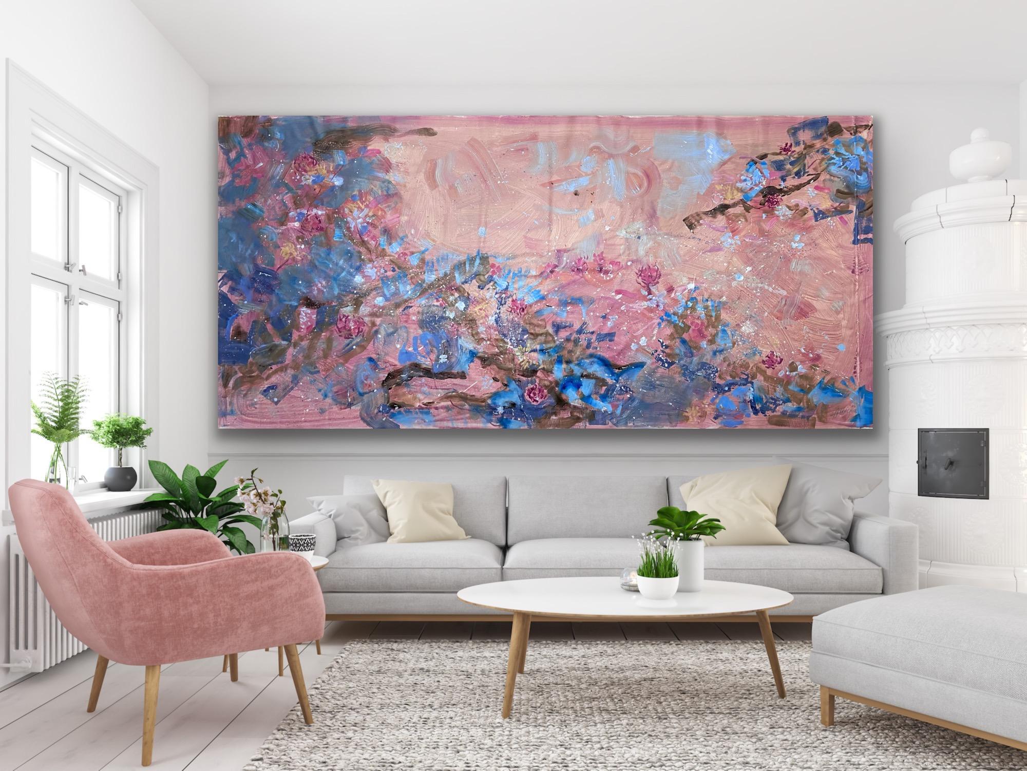 fiori astratti rosa  pittura in vendita 1