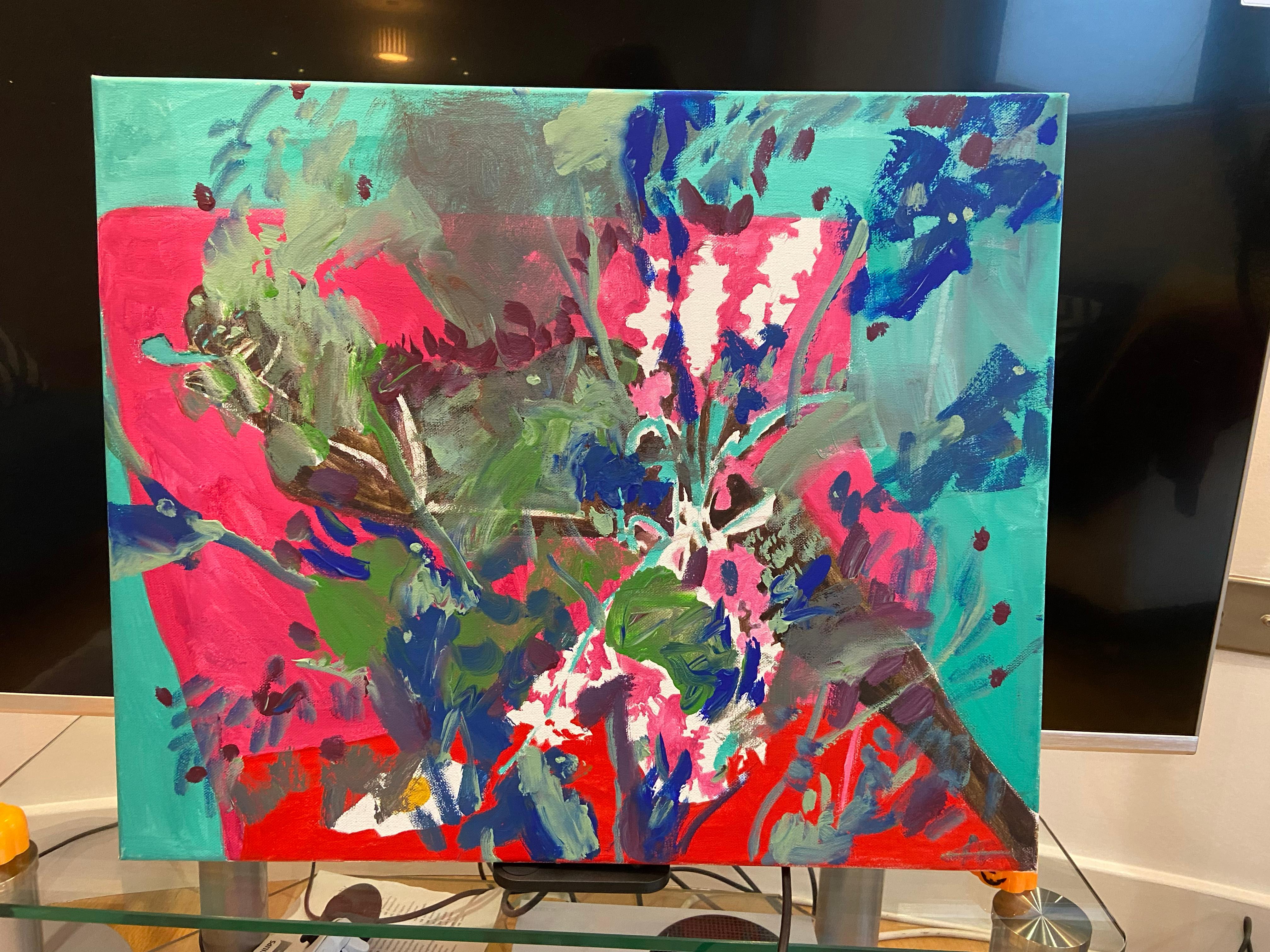 abstract flowers stillife painting - Gray Abstract Painting by Katarina Joys