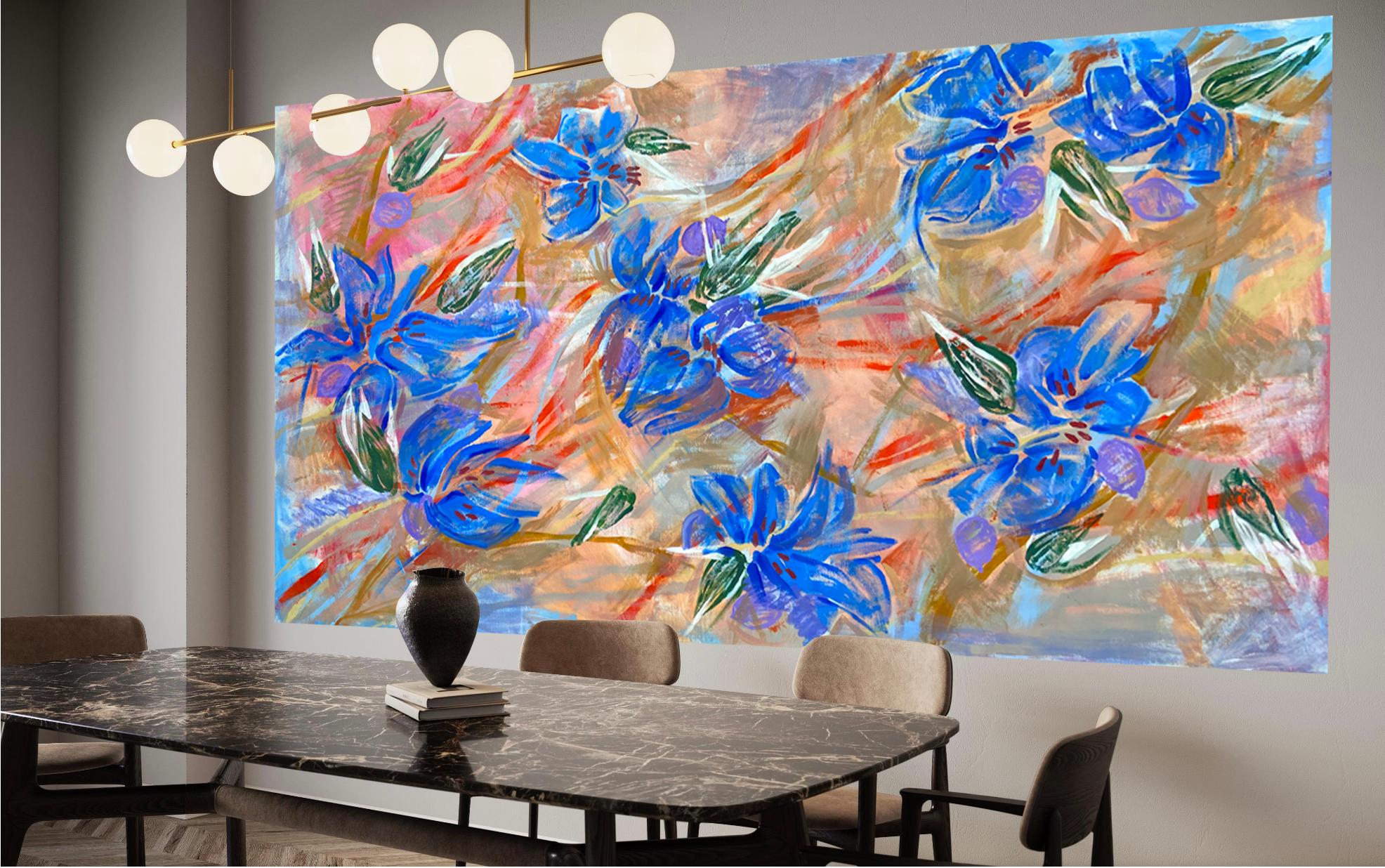 Katarina Joys Still-Life Painting – Azurblauer Rhythmus in Blüte