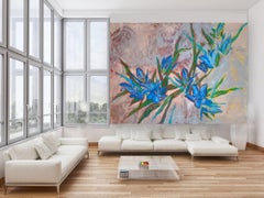 Azure Resonance Abstract Floral Oil Painting on Canvas, Signed, XXXL