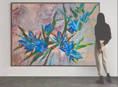 Blue lilies Azure Resonance Abstract Floral Oil Painting on Canvas, Signed, XXXL