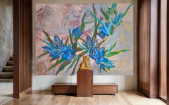 Azure Resonance Abstract Floral Oil Painting on Canvas, Signed, XXXL