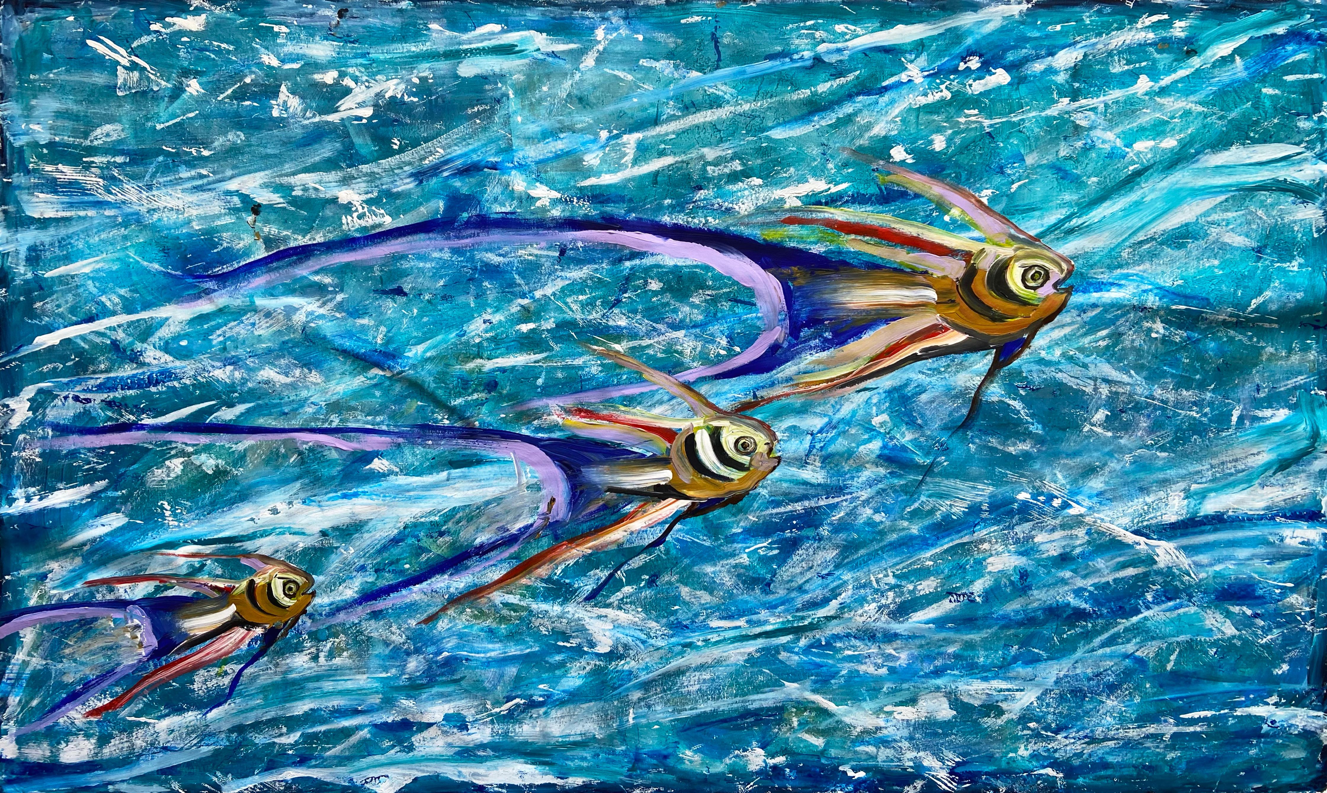 Peinture de paysage abstrait poissons - Gris Landscape Painting par Katarina Joys