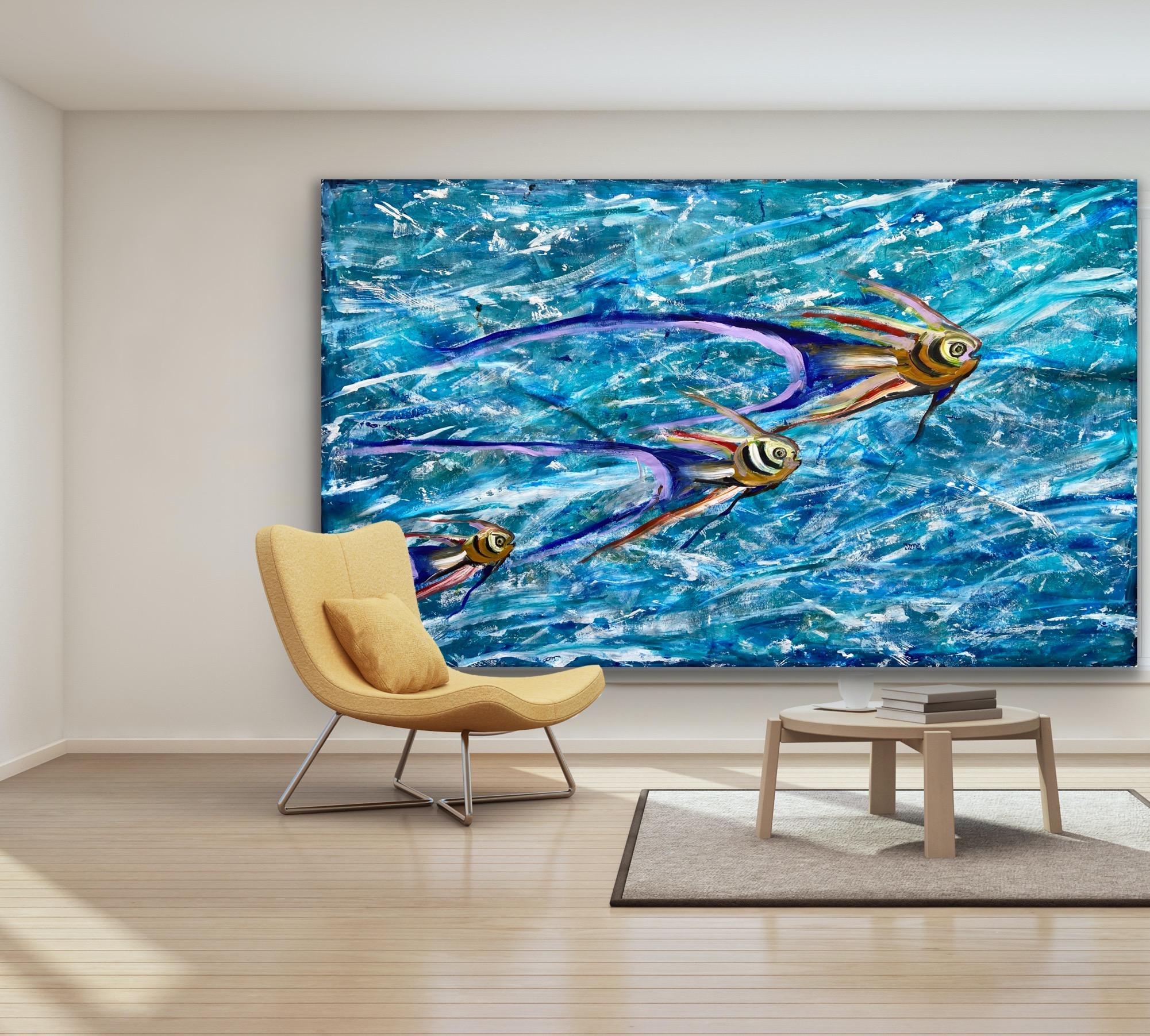Peinture de paysage abstrait poissons - Painting de Katarina Joys