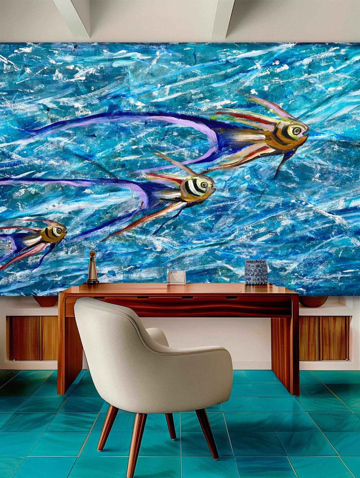 Peinture de paysage abstrait poissons en vente 1