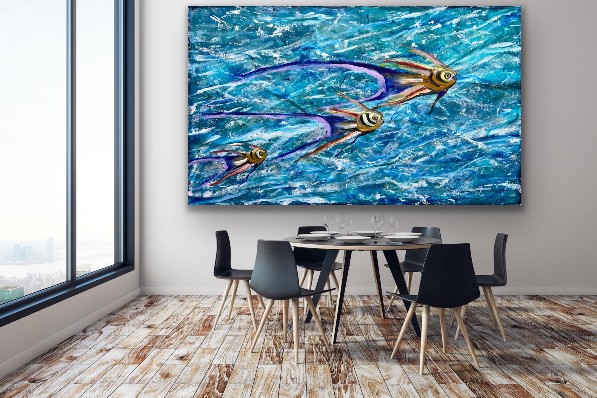 Peinture de paysage abstrait poissons en vente 2