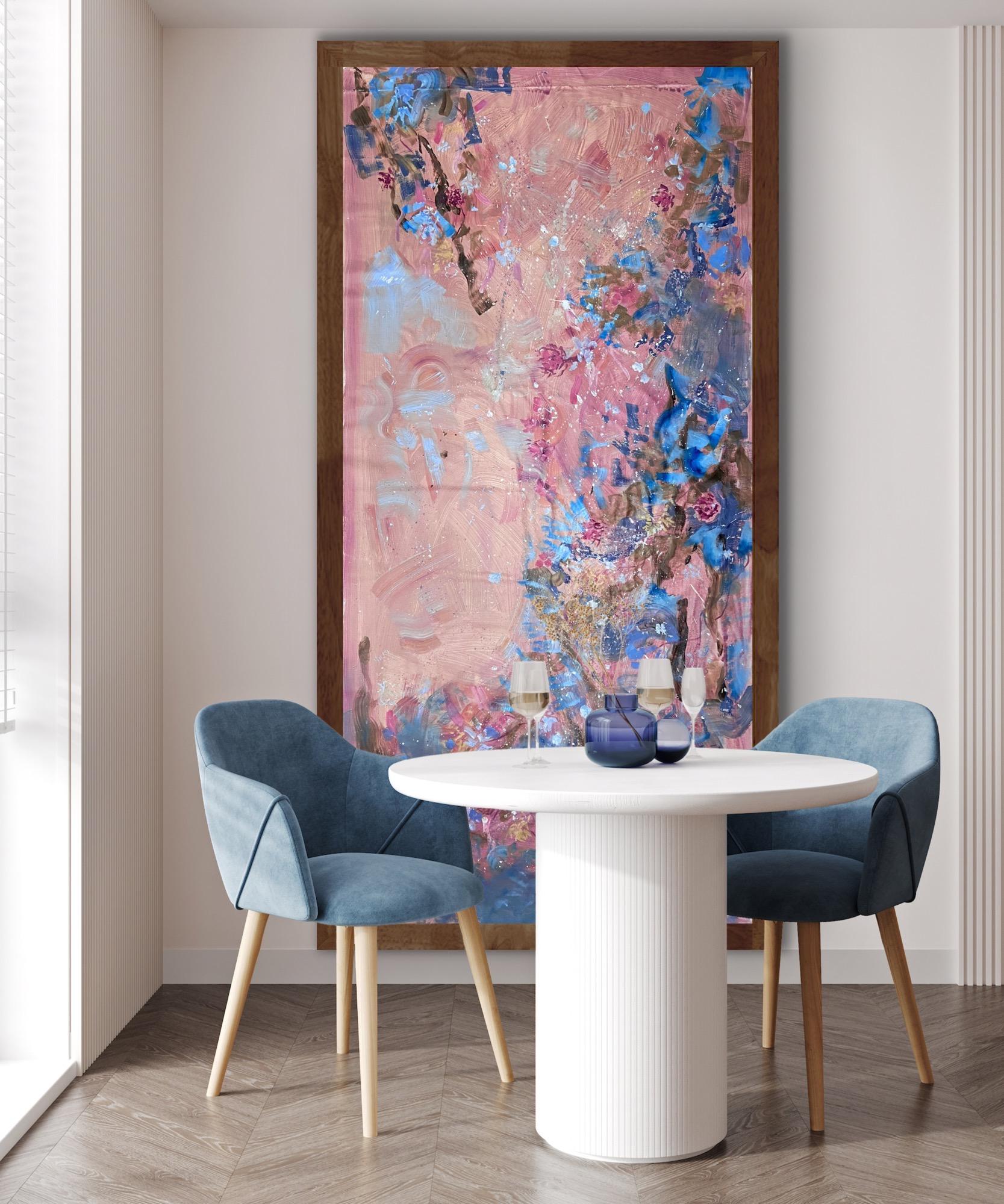abstrakte Blumen rosa  Malerei (Grau), Landscape Painting, von Katarina Joys