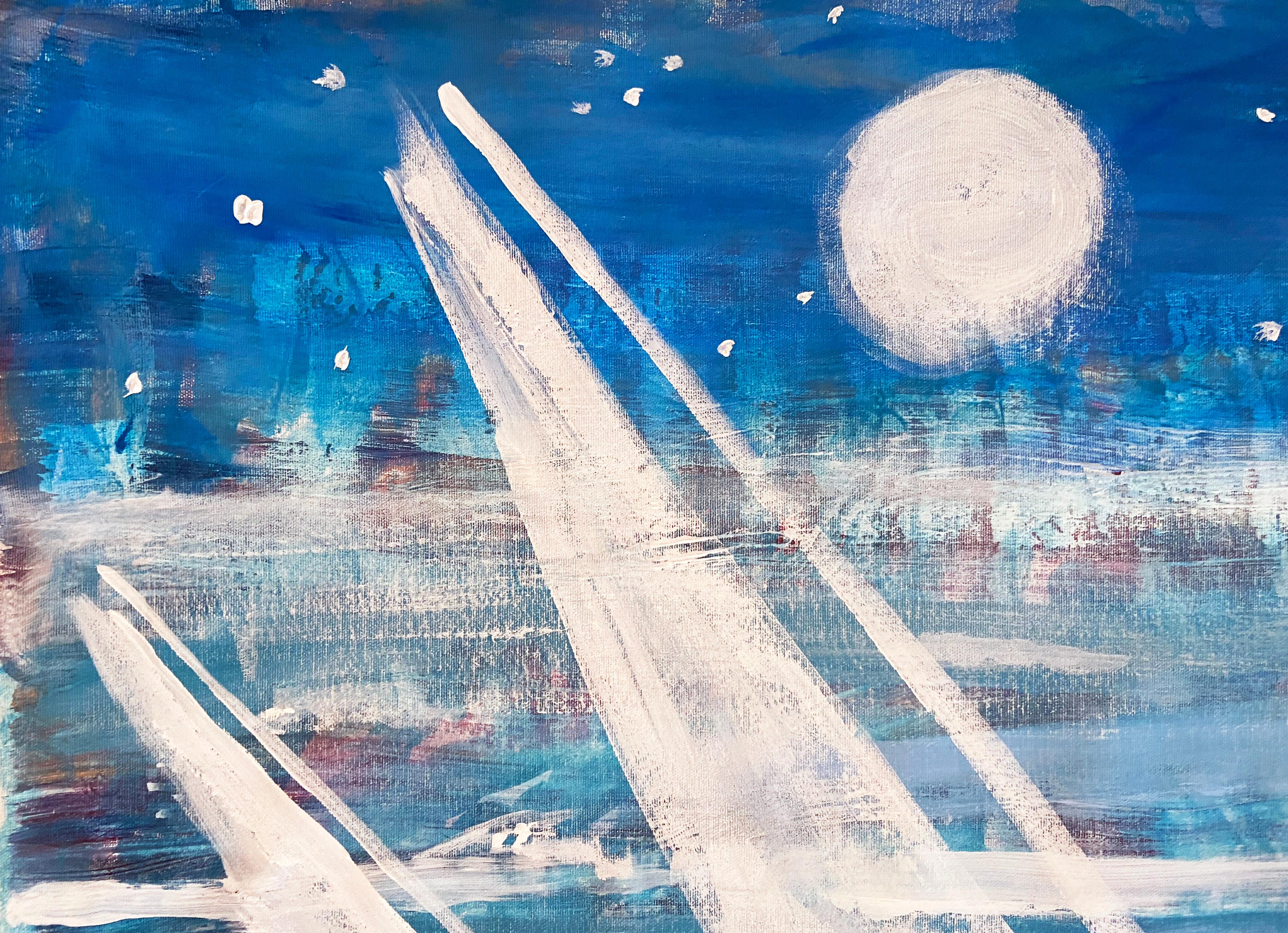 The title of this artwork suggests many interpretations. The time of the day is also uncertain.
The blue emanates perfume of salty water that makes us close our eyes and imagine towards whom we are sailing.
105x170cm (110x175 cm full size)
original