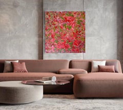«Red Bloom»: pintura acrílica sobre lienzo, arte floral abstracto moderno