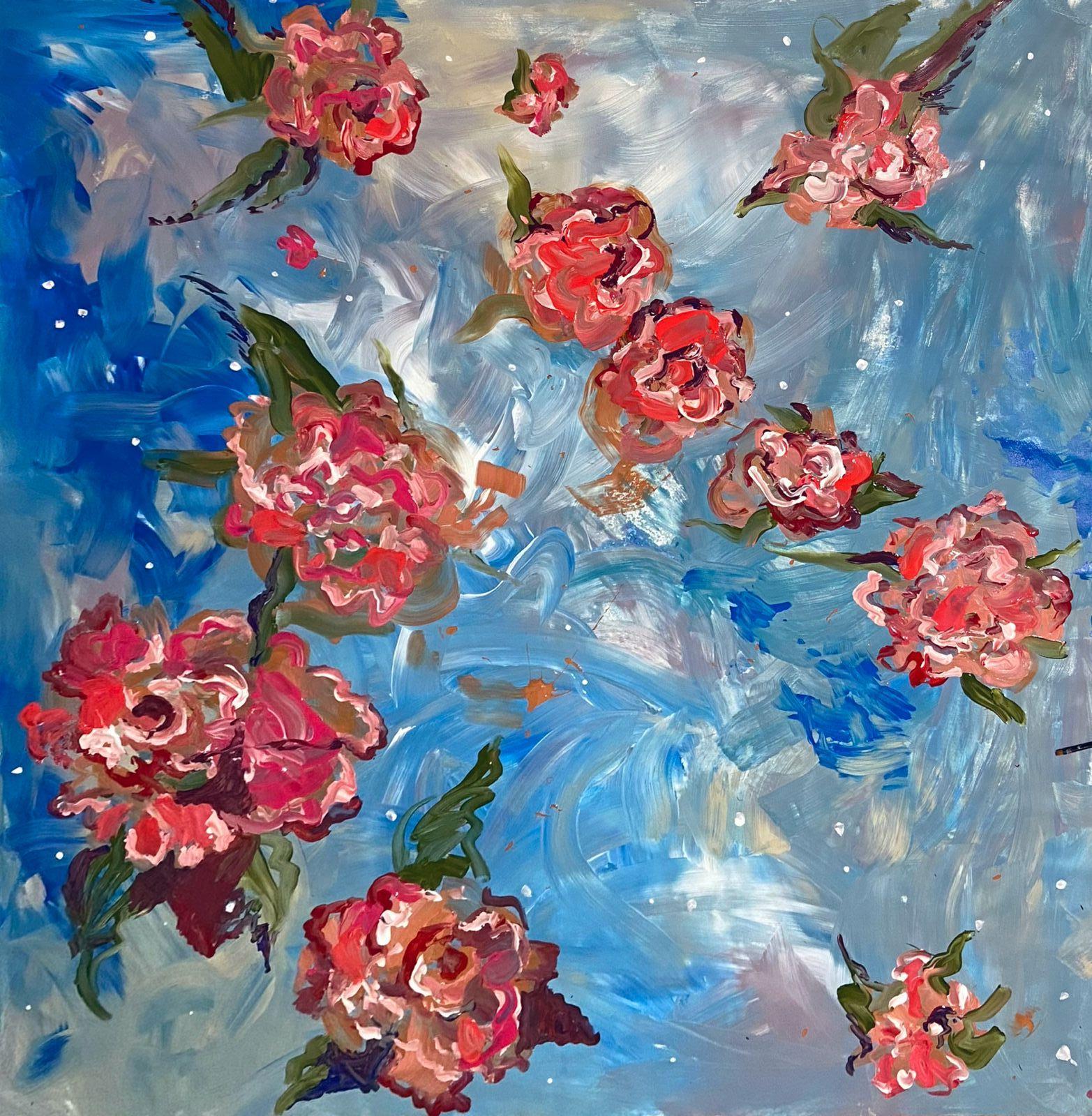 red flowers, abstract expressionism, abstract painting - Abstract Expressionist Painting by Katarina Joys