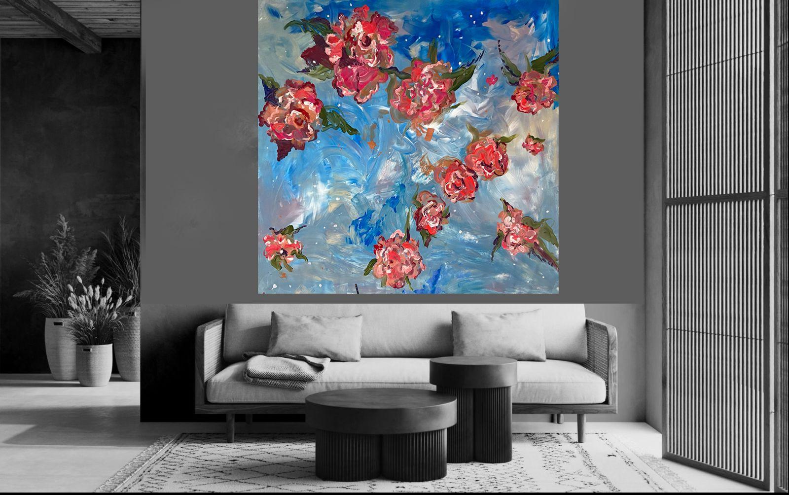 Katarina Joys.
abstract art, abstract expressionism,
red flowers,  abstract painting,
flowers and stars.
Blue sky.
Red flowers
Passion, blossom, love.

acrylic, oil on canvas, one-of-a-kind.
 
Dimensions: 
165x165cm
The painting will be shipped
