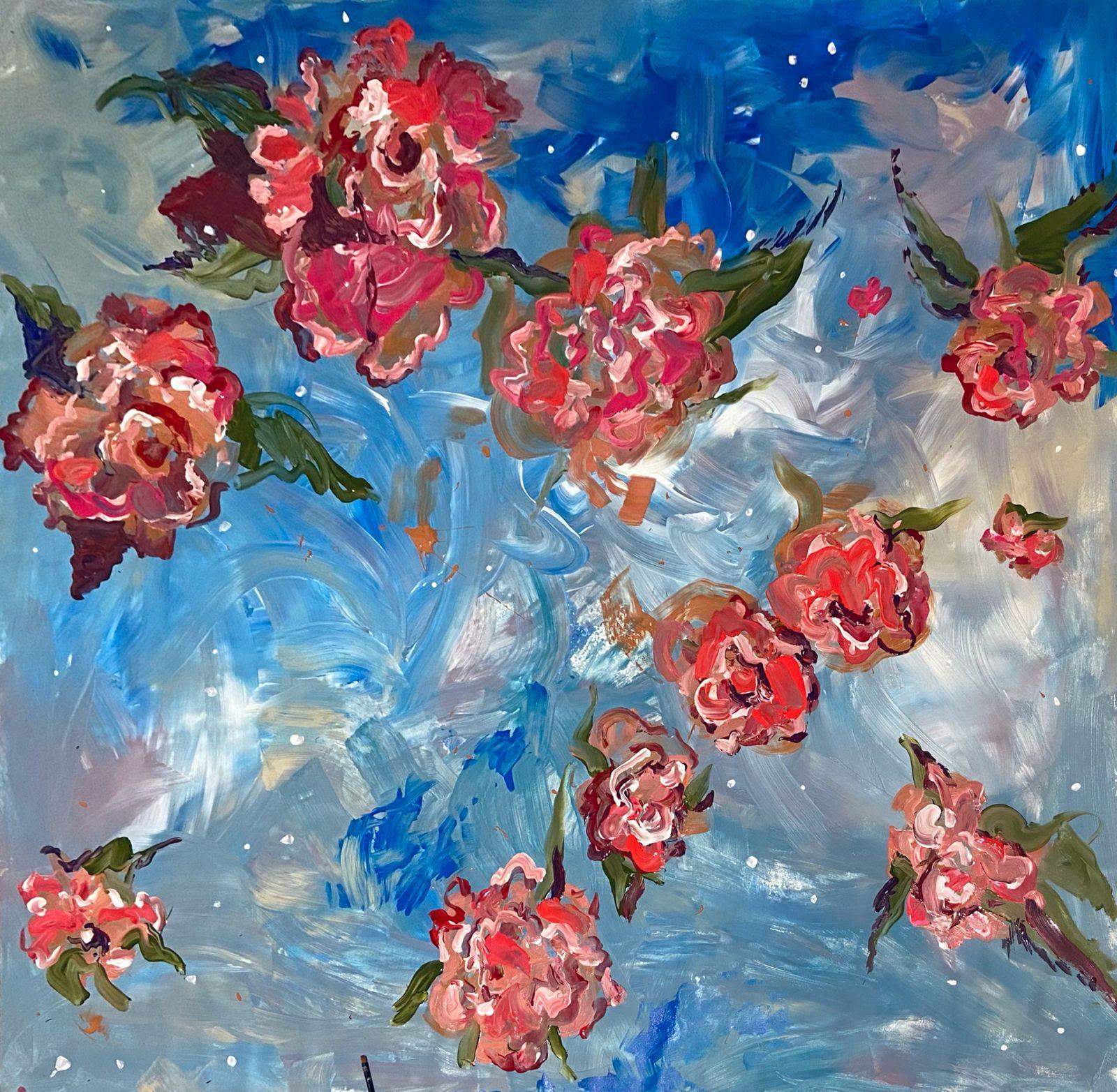 red flowers, abstract expressionism, abstract painting For Sale 2