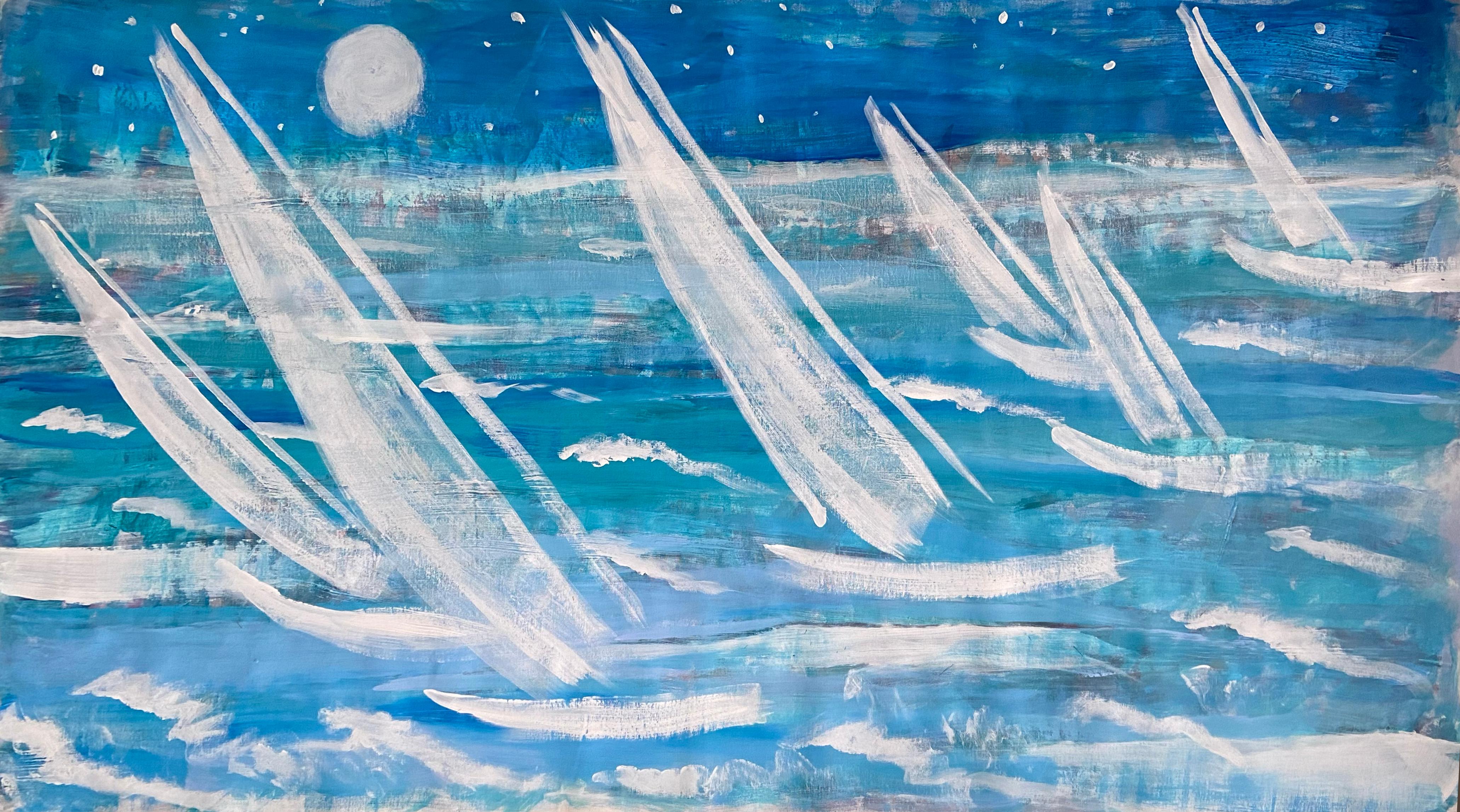 paysage  mer Voiles chanceuses - Expressionnisme abstrait Painting par Katarina Joys