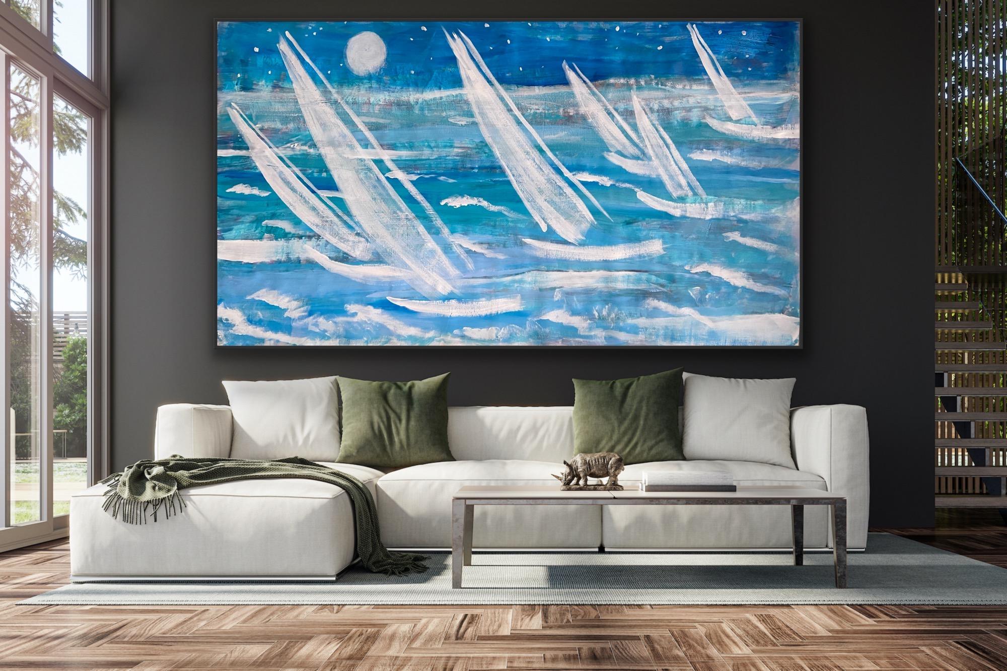 paysage  mer Voiles chanceuses - Gris Landscape Painting par Katarina Joys