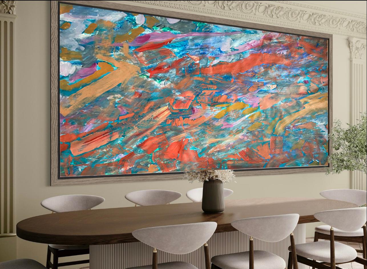 Peinture abstraite spontanée représentant un paysage, à l'acrylique sur toile