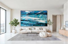 Sinfonia in bianco e nero e blu: dipinto a olio astratto geometrico, con cornice