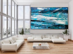 Symphony B&W in Blue: Abstract Geometric Oil Painting, Framed