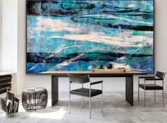 Sinfonia in bianco e nero e blu: dipinto a olio astratto geometrico, con cornice