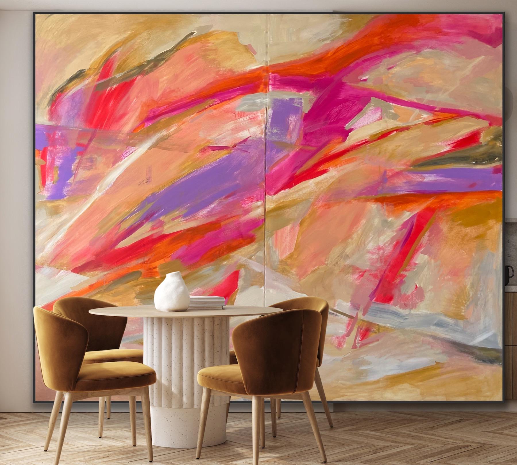 “Large Contemporary Abstract Diptych — 200×150 cm — Expressive Modern Painting in Fuchsia, Tangerine 
Gold Tones”

DESCRIPTION:

This striking large-scale diptych (200 × 150 cm total) is a commanding contemporary abstract painting defined by