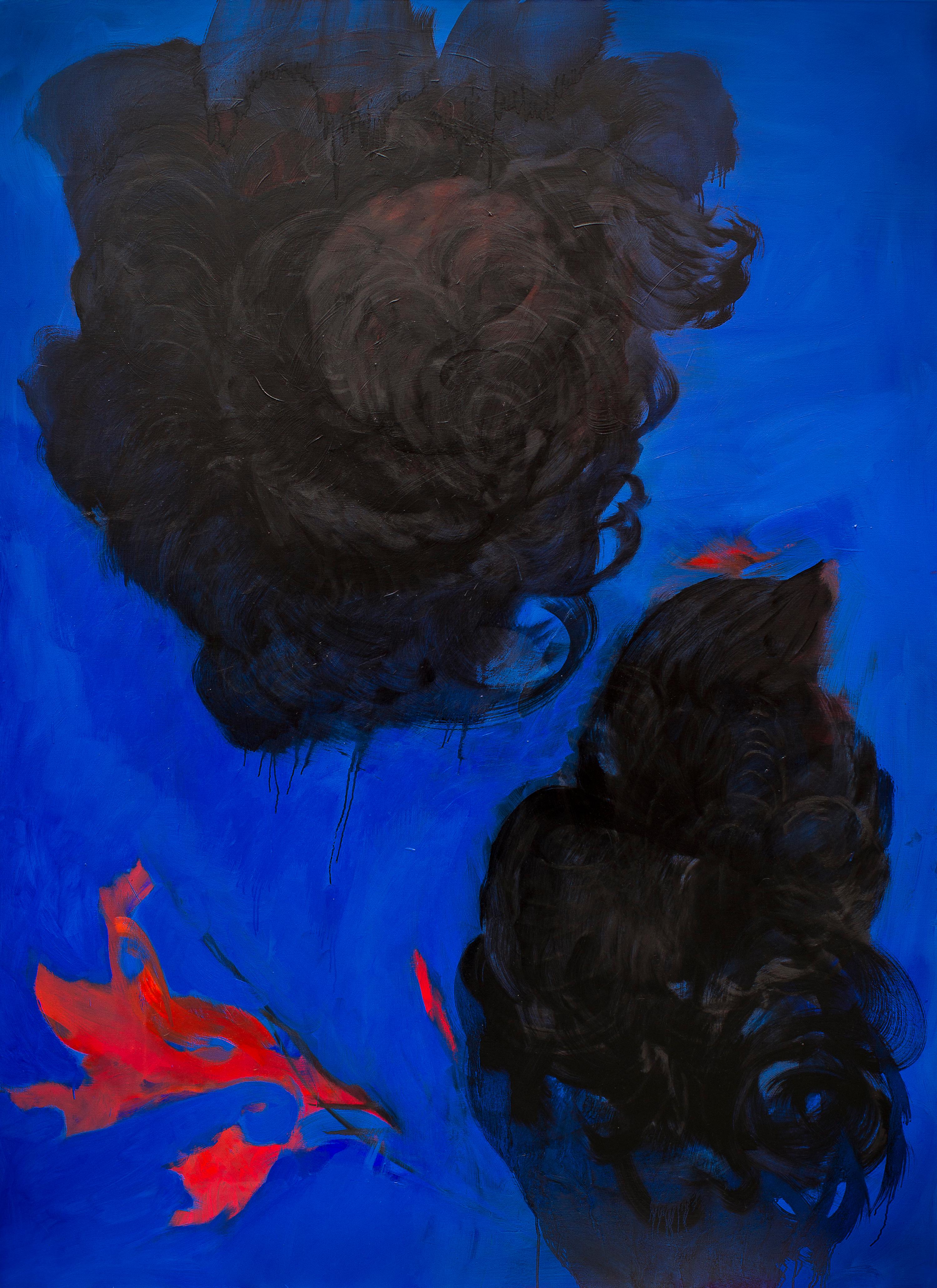 Katarzyna Swinarska Figurative Painting - Deep Blue Love - Modern Expressive Abstract Flowers Oil Painting  - Large Format