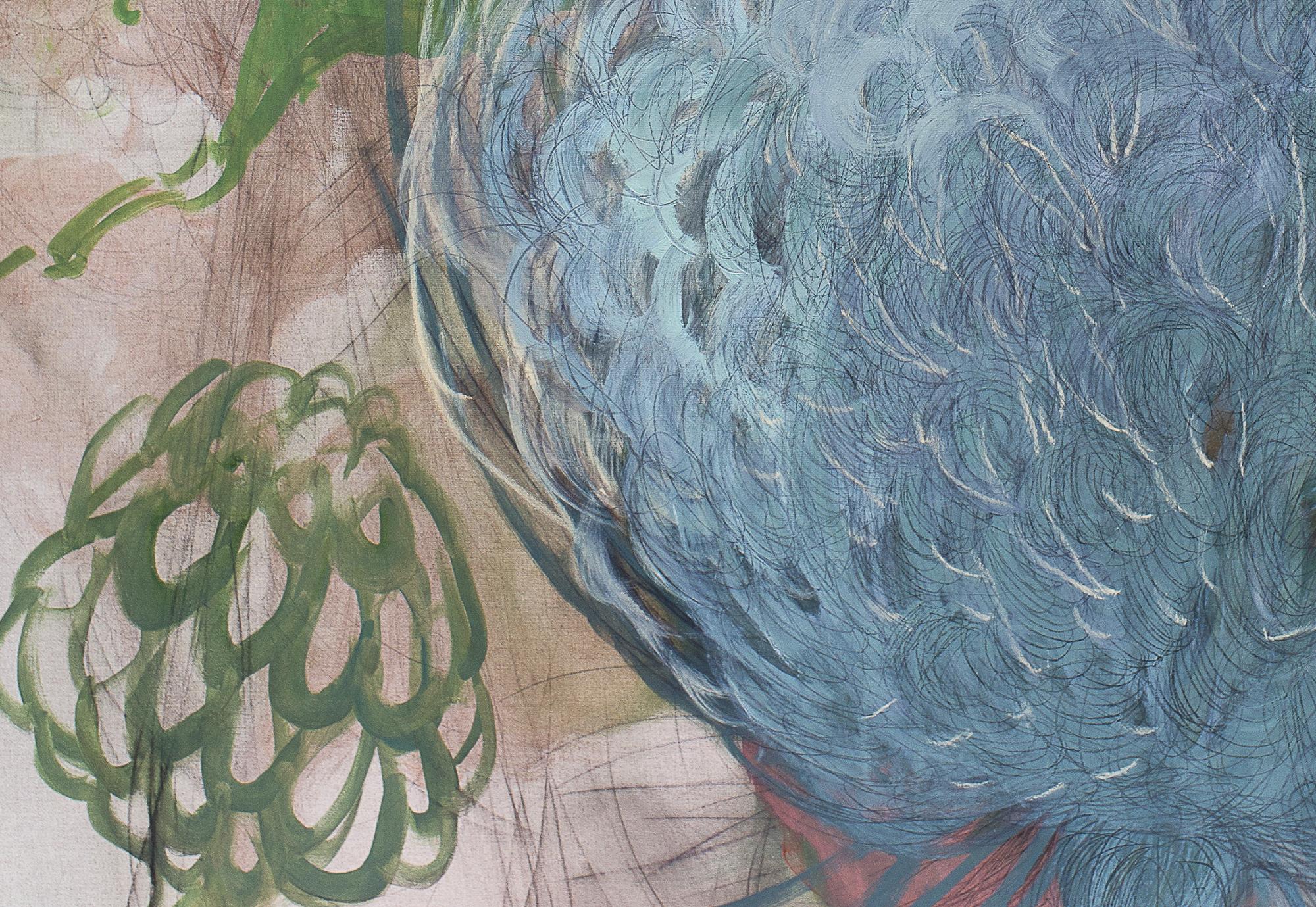 Jardín 1 - Pintura Figurativa Moderna al Óleo Flores  - Gran Formato, Naturaleza, Planta - Figurative Painting Gris de Katarzyna Swinarska
