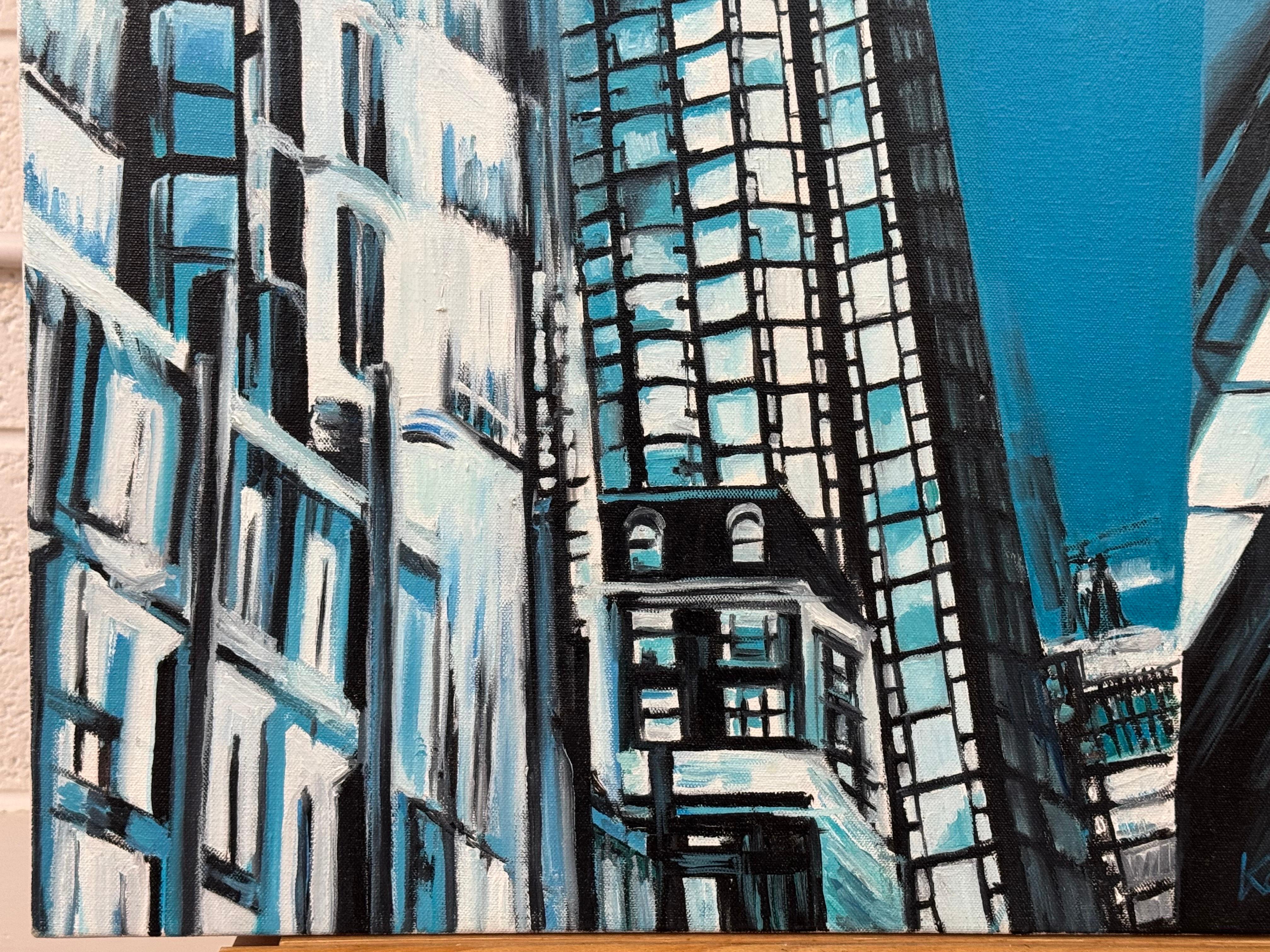 Pintura Geométrica Abstracta Moderna Azul y Negra de Paisaje Urbano de Nueva York EE.UU. en venta 7