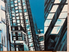 Pintura Geométrica Abstracta Moderna Azul y Negra de Paisaje Urbano de Nueva York EE.UU.