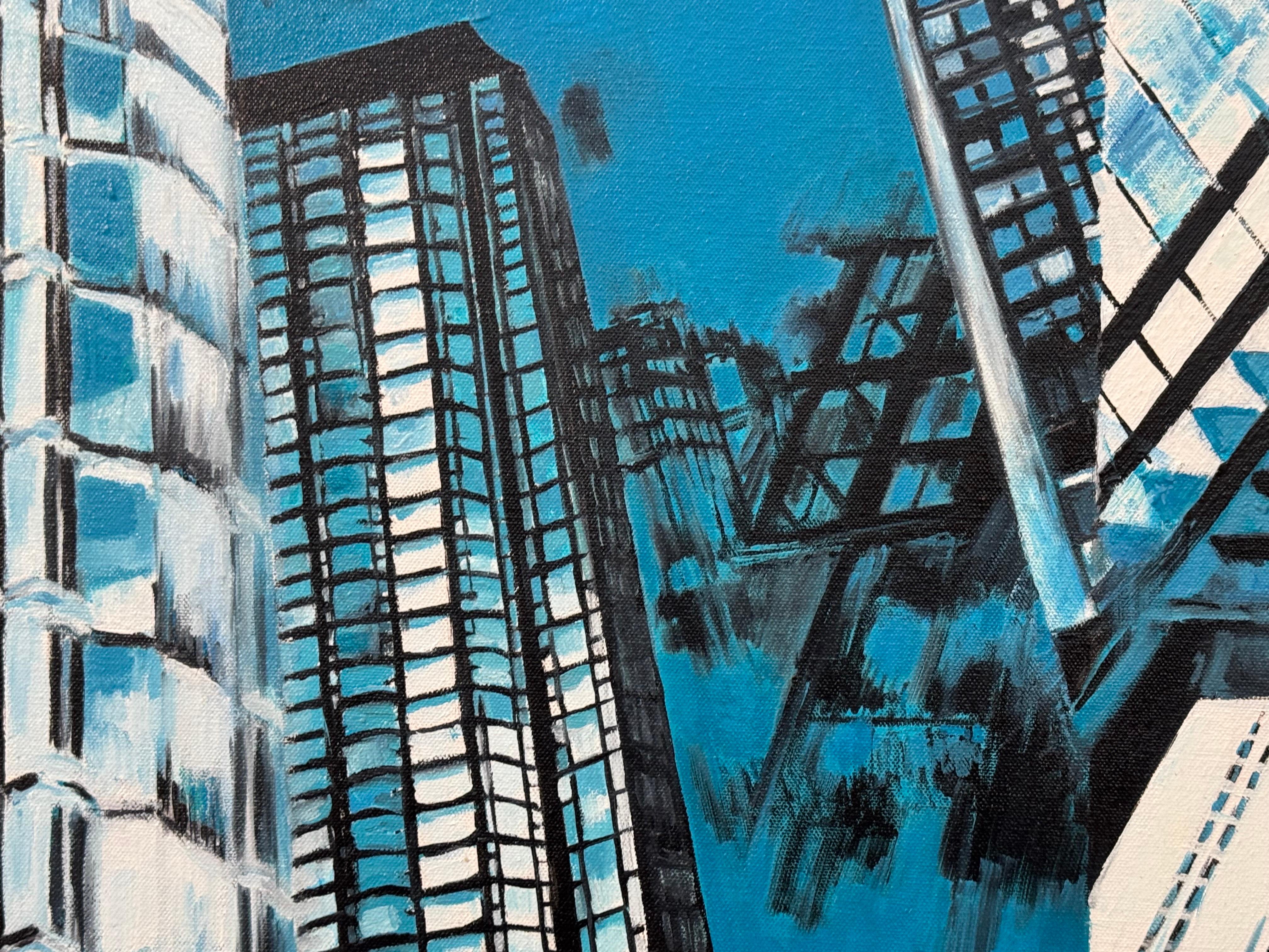 Pintura Geométrica Abstracta Moderna Azul y Negra de Paisaje Urbano de Nueva York EE.UU. - Painting Abstracto de Katarzyna Szulc