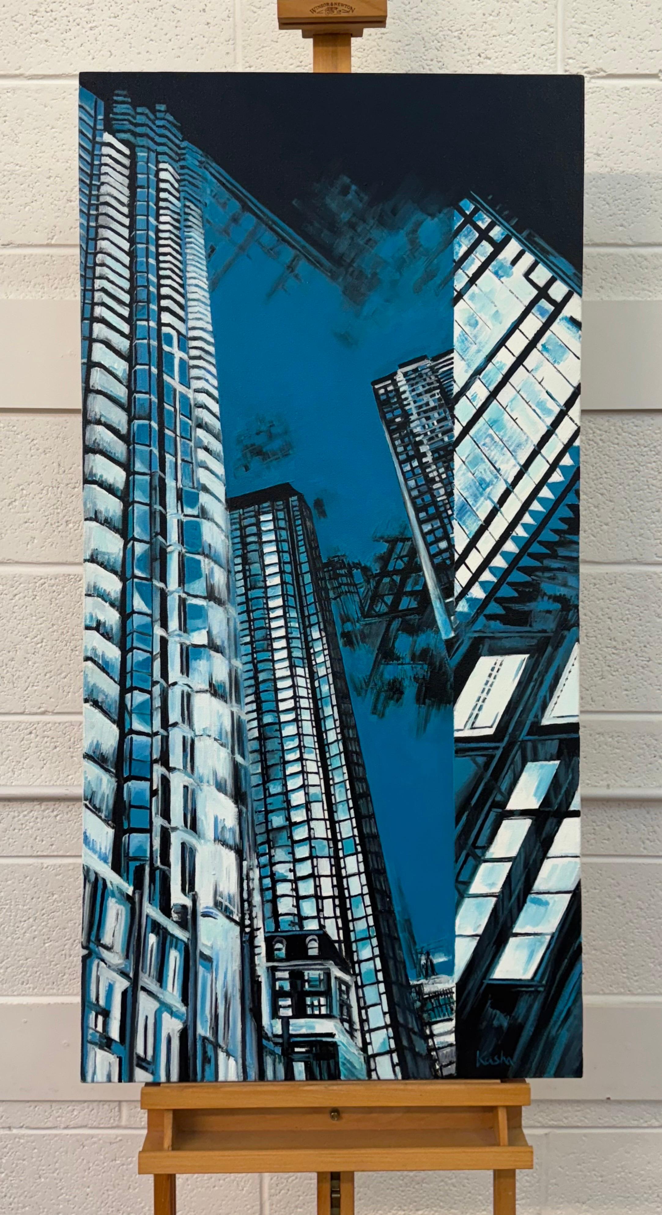 Pintura geométrica abstracta moderna azul y negra del paisaje urbano de Nueva York, EE.UU., de la artista polaca Katarzyna Szulc. Firmado Kasha en la parte delantera del lienzo.

Medidas de la obra 24 x 48 pulgadas
Sin enmarcar

