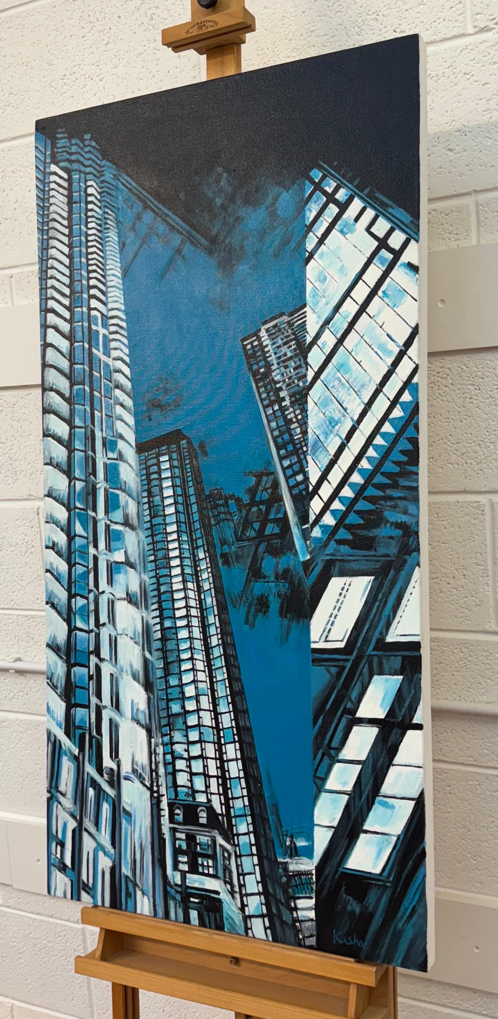 Pintura Geométrica Abstracta Moderna Azul y Negra de Paisaje Urbano de Nueva York EE.UU. en venta 1