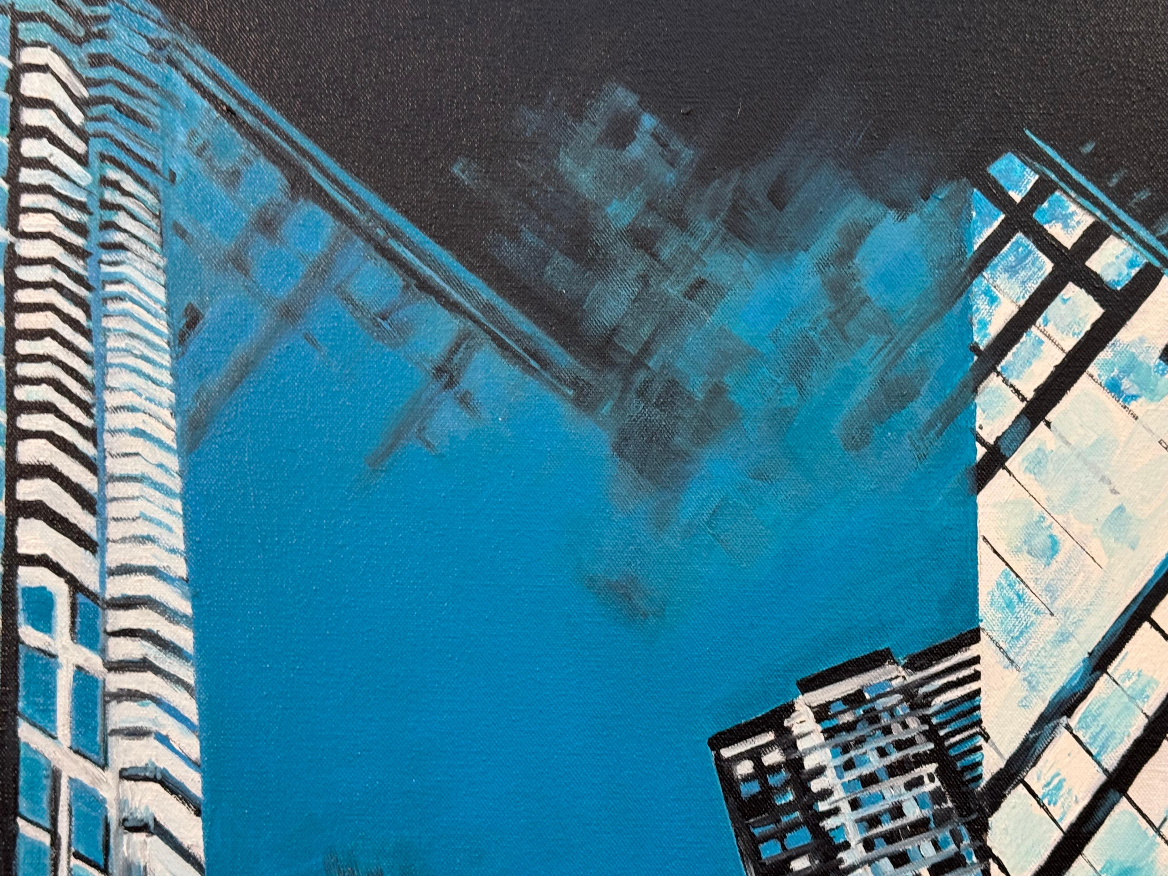 Pintura Geométrica Abstracta Moderna Azul y Negra de Paisaje Urbano de Nueva York EE.UU. en venta 2