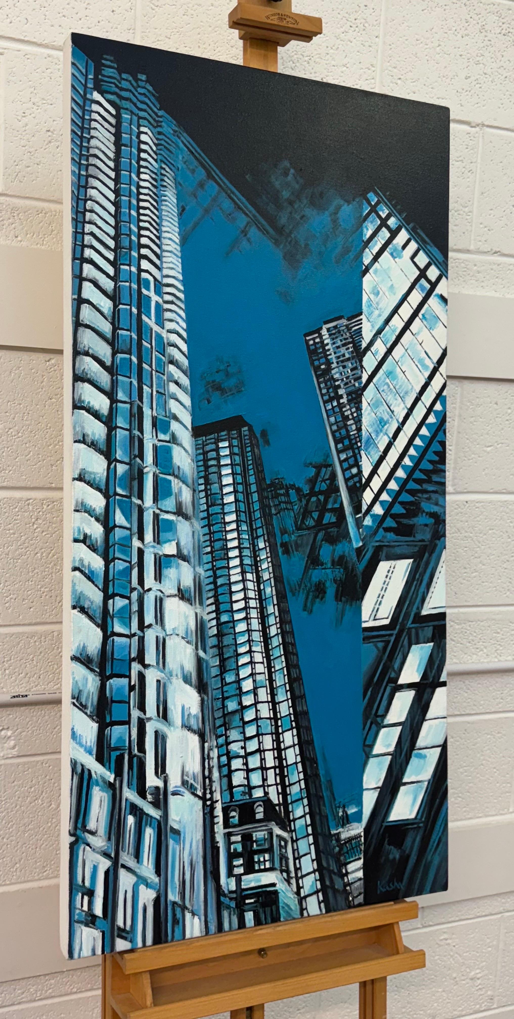 Pintura Geométrica Abstracta Moderna Azul y Negra de Paisaje Urbano de Nueva York EE.UU. en venta 3