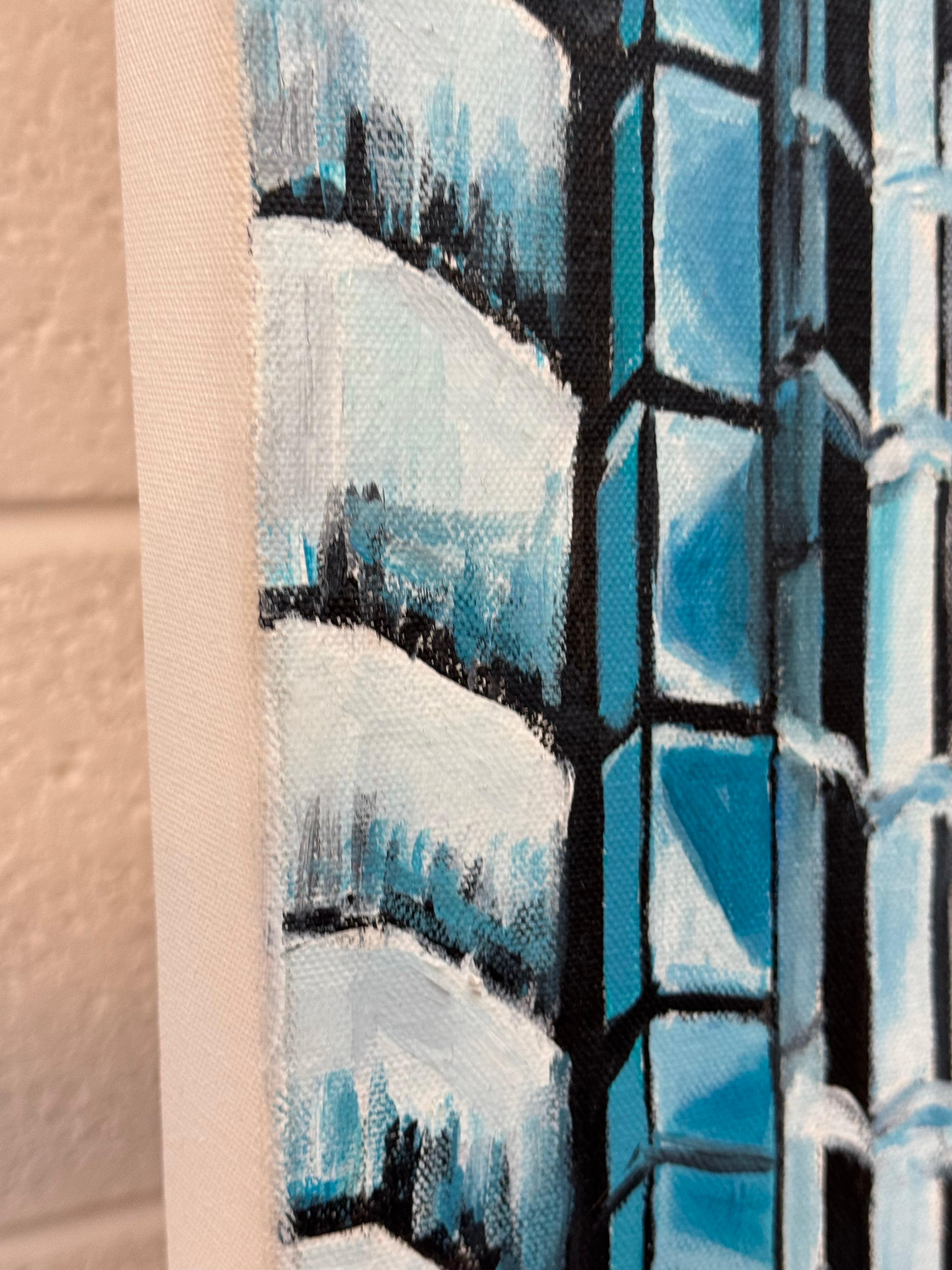 Pintura Geométrica Abstracta Moderna Azul y Negra de Paisaje Urbano de Nueva York EE.UU. en venta 4