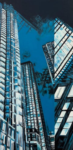 Blue & Black Modern Abstract Geometric Painting of New York Cityscape USA