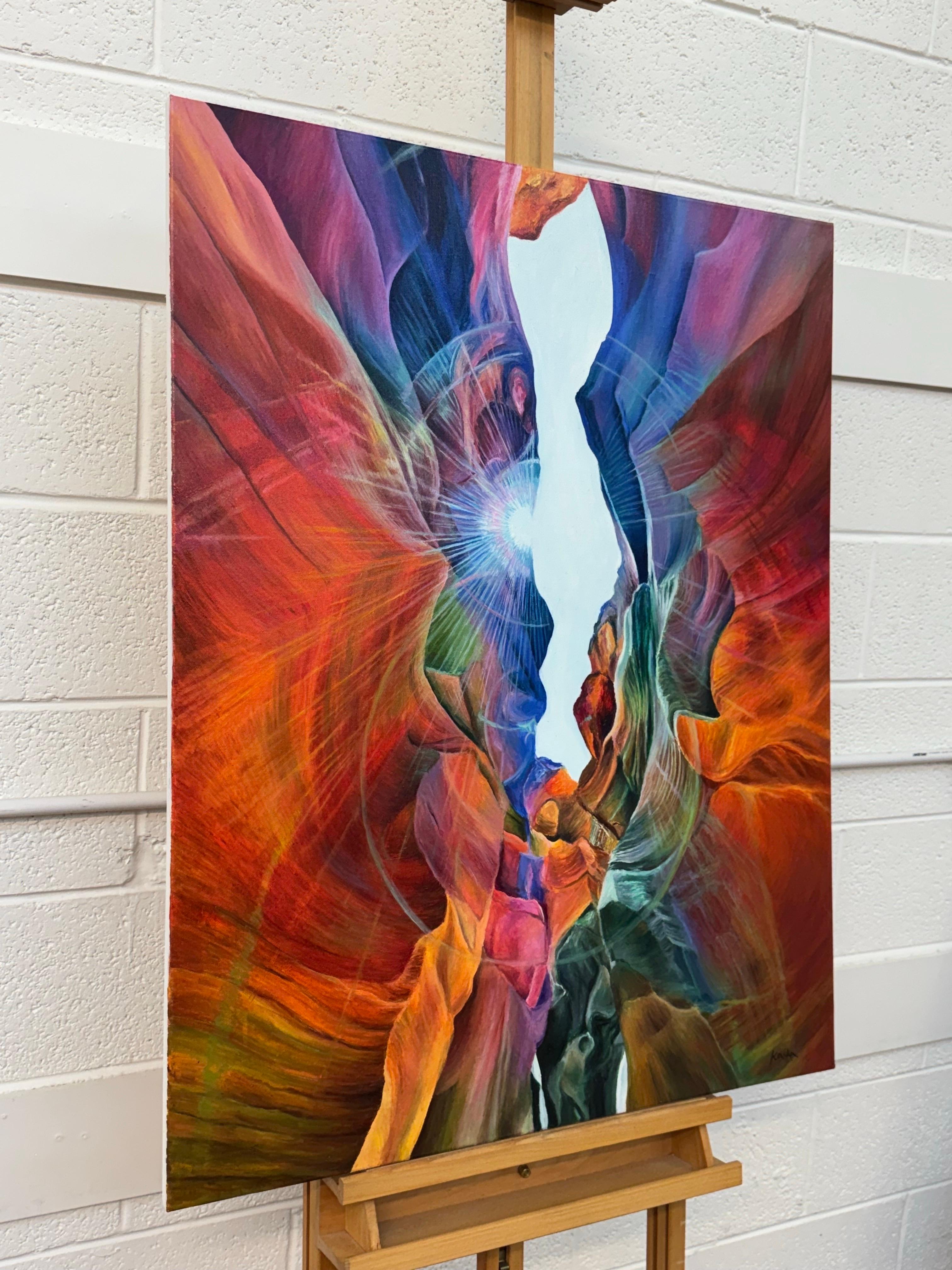 Quadro astratto rosso, blu e verde dell'interno dell'Antelope Canyon in Arizona - Painting di Katarzyna Szulc