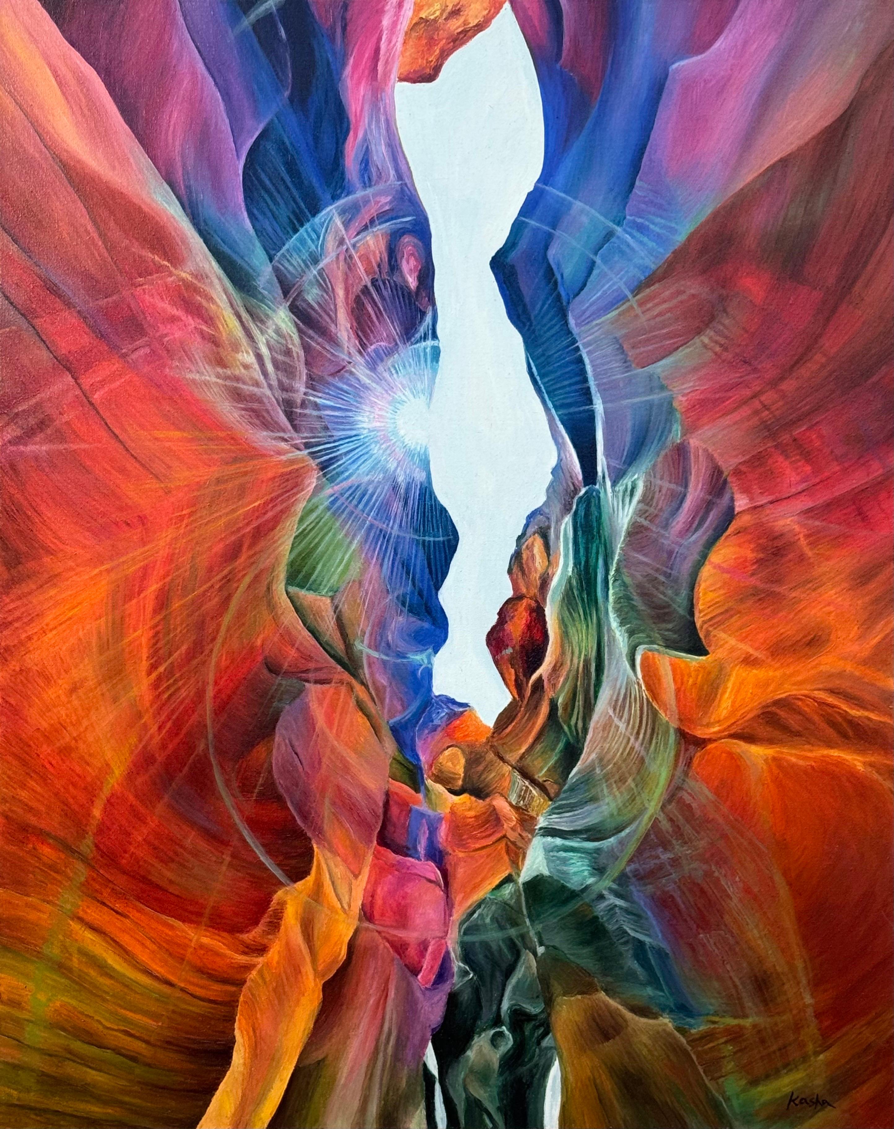 Quadro astratto rosso, verde, blu e viola dell'Antelope Canyon in Arizona dell'artista polacca Katarzyna Szulc. Questo dipinto a olio originale fa parte di un'ispirata serie di opere basate su una delle formazioni rocciose più significative del