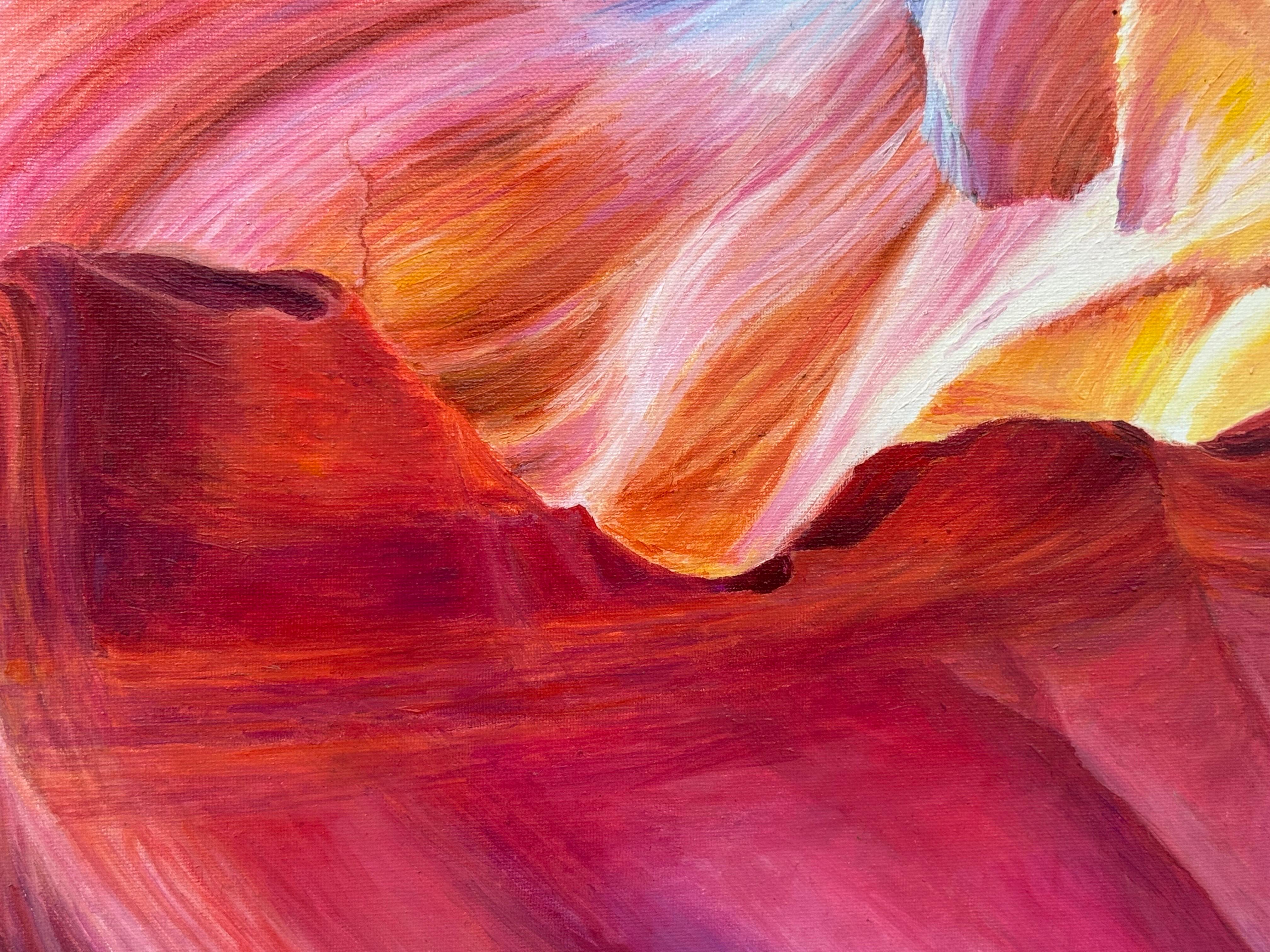 Large Square Red Pink Blue & Purple Painting of Antelope Canyon in Arizona USA For Sale 11